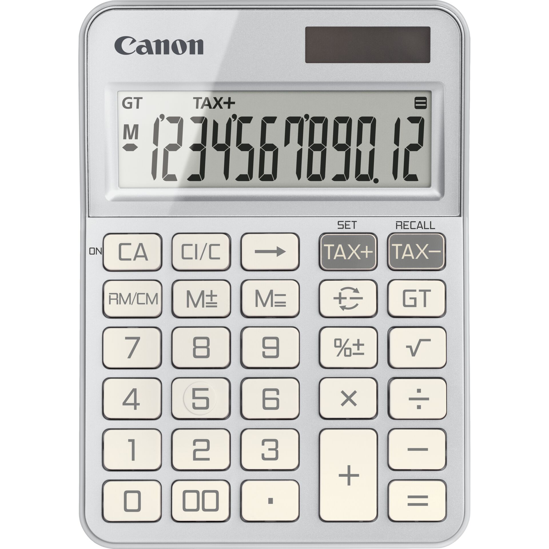 Canon KS-125KB-SL Tischrechner, 12-stelliges neigbares LCD-Display, Solar-/LR44-Betrieb, Silber