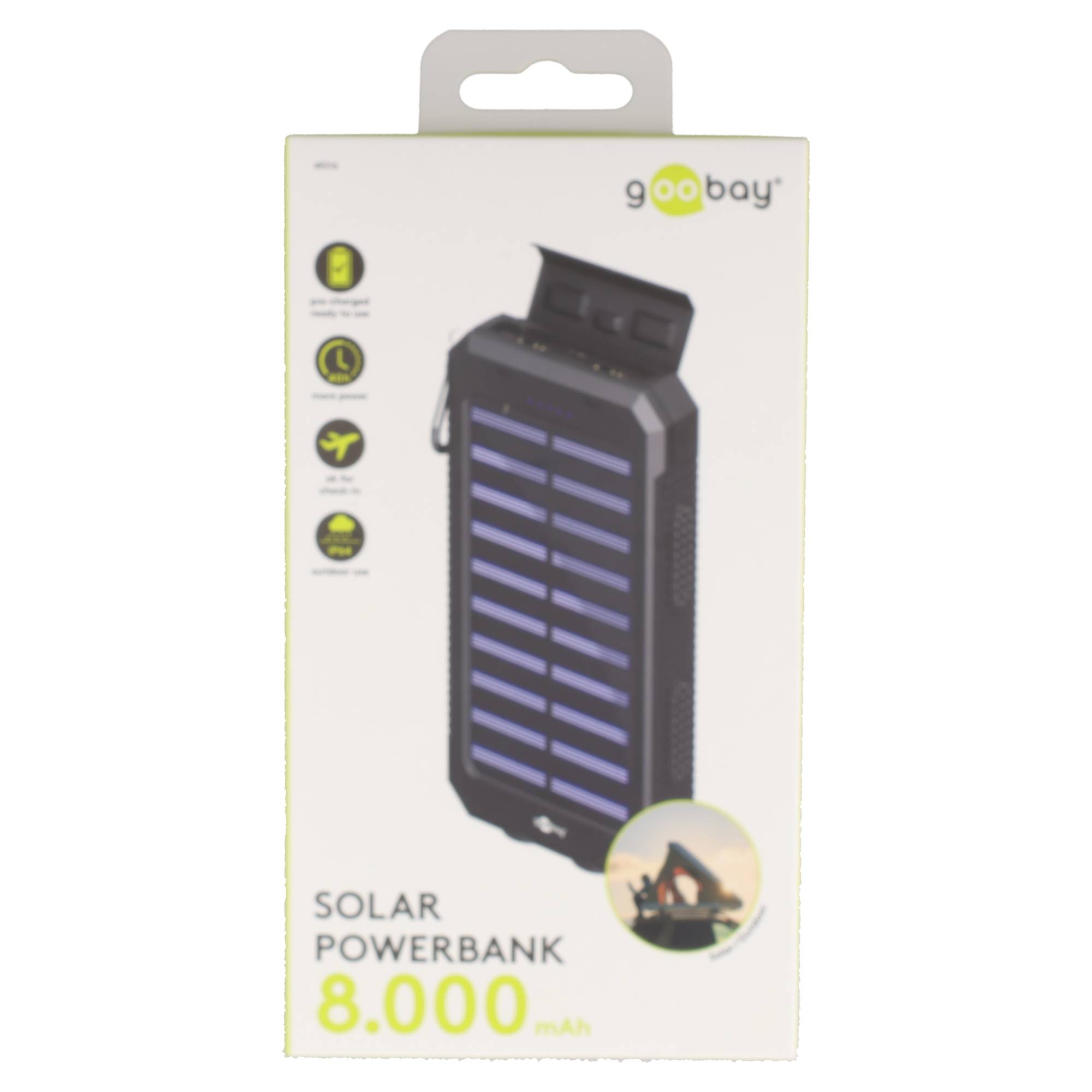 Outdoor Powerbank 8000mAh mit Solarpanel und Taschenlampenfunktion