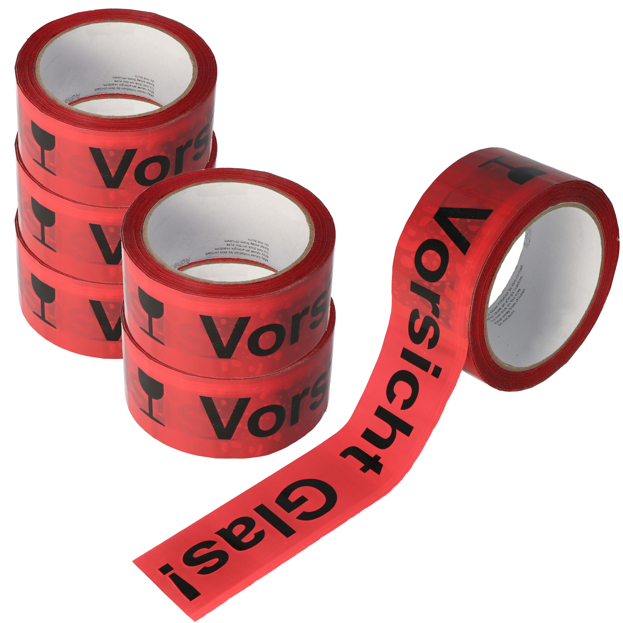Klebeband Vorsicht Glas 6er Pack in roter Ausführung mit Schrift schwarz 6x 66 Meter länge, breite 48mm