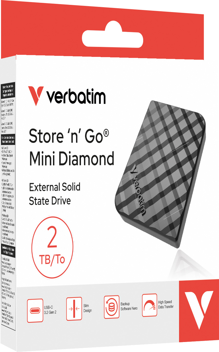 Verbatim SSD 2TB, USB 3.2, Typ A-C, Mini Diamond, schwarz (R) 1000MB/s, (W) 1000MB/s, Retail-Blister