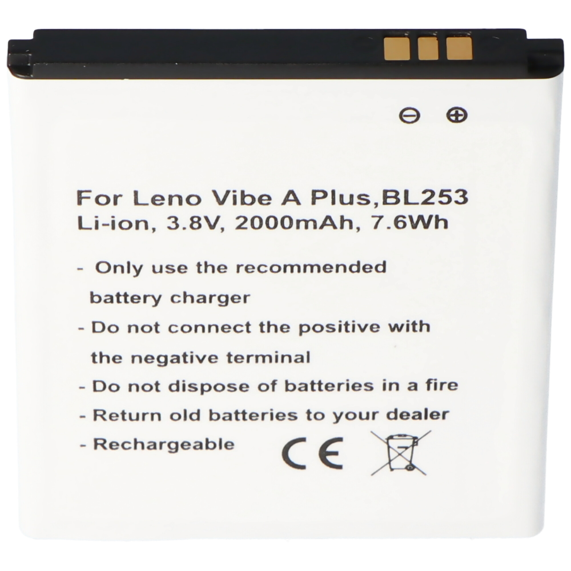 Akku passend für Lenovo Vibe A Plus, BL253, A1000, A1010A20, A2010, A2580, A2860 Li-Ion, 3,8V, 2000mAh, 7,6Wh