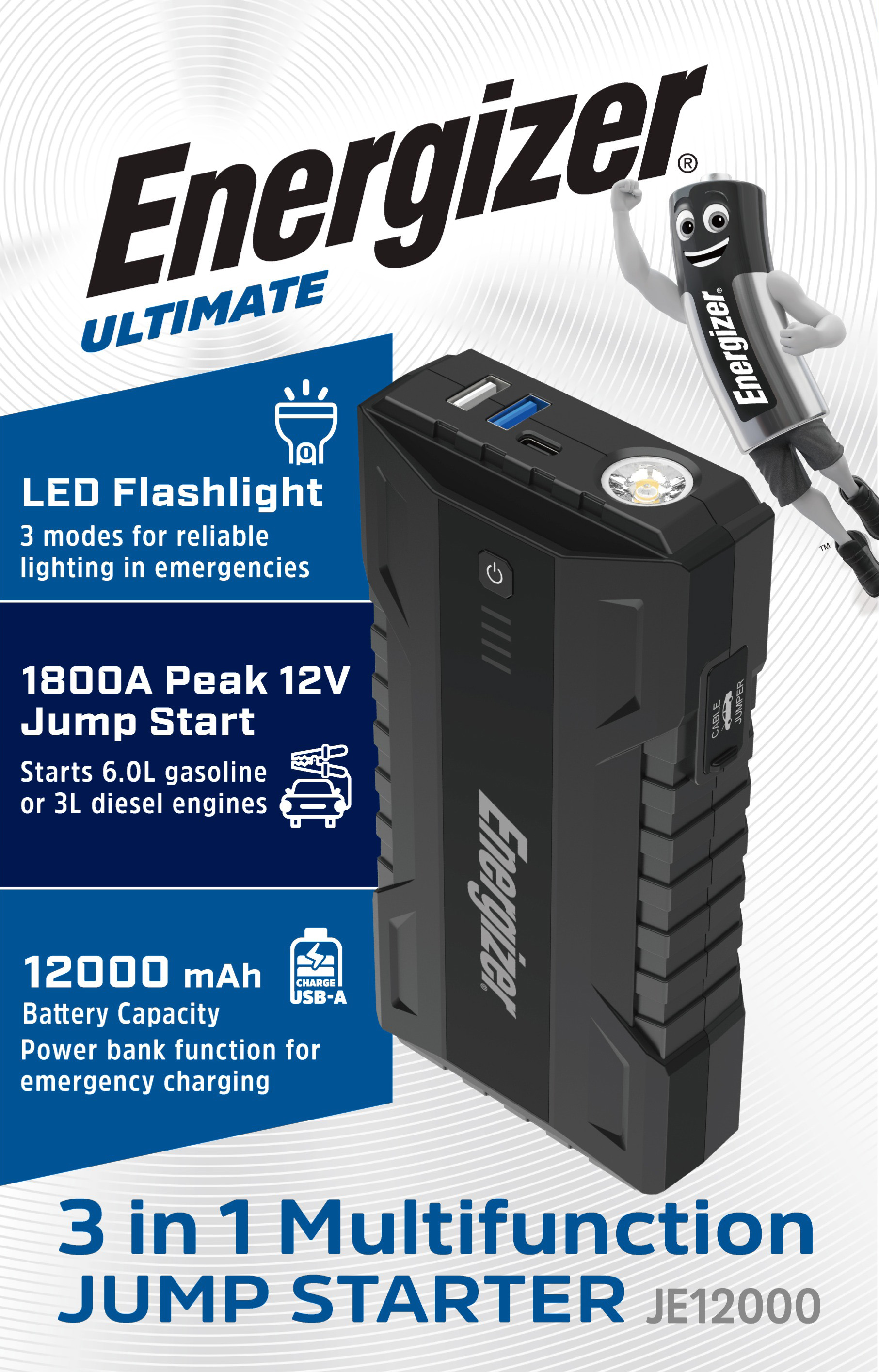 Energizer Jump Starter, JE12000, 12.000mAh Starthilfe, Powerbank, LED-Leuchte, Retail