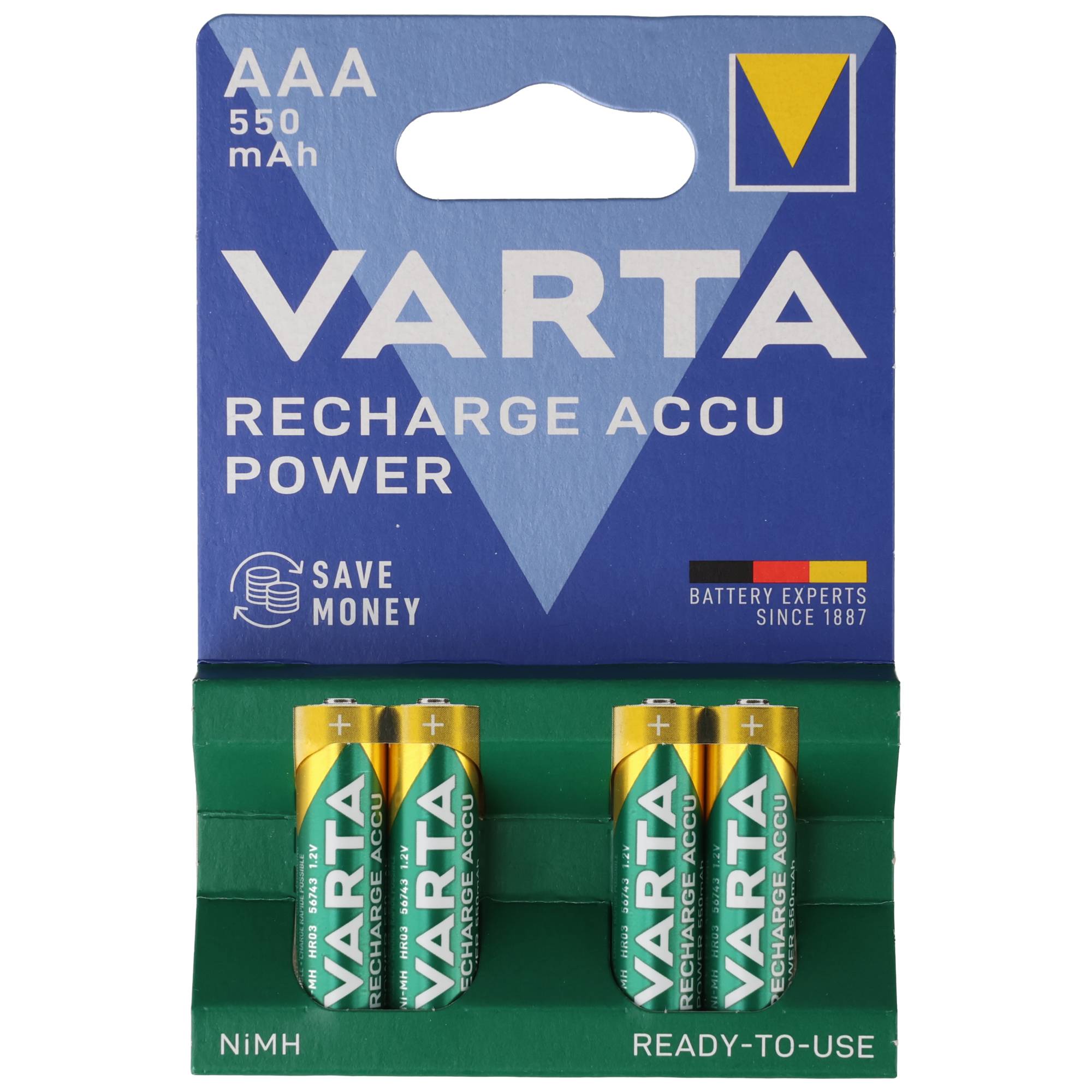 Varta Akku NiMH, Micro, AAA, HR03, 1.2V/550mAh Accu Power, Pre-charged, Retail Blister (4-Pack)