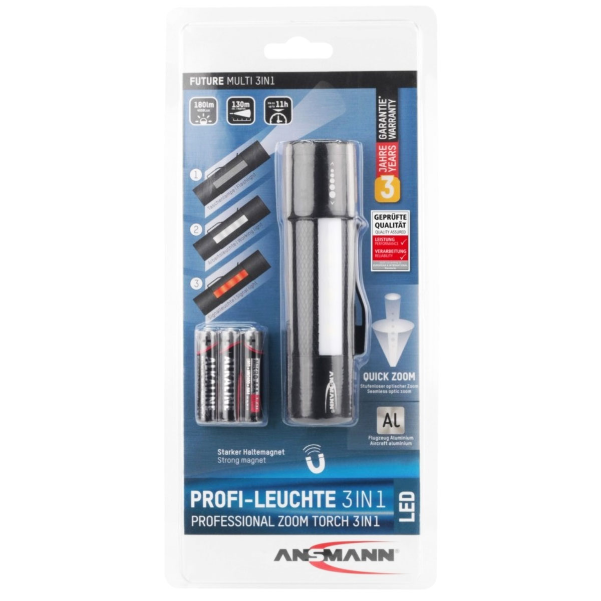 Professionelle Multifunktionsleuchte, die fokussierbare LED-Taschenlampe, Arbeitsleuchte und Signalleuchte, inkl. 3 Micro AAA Batterien, abnehmbarem Gürtelclip & Haltemagnet
