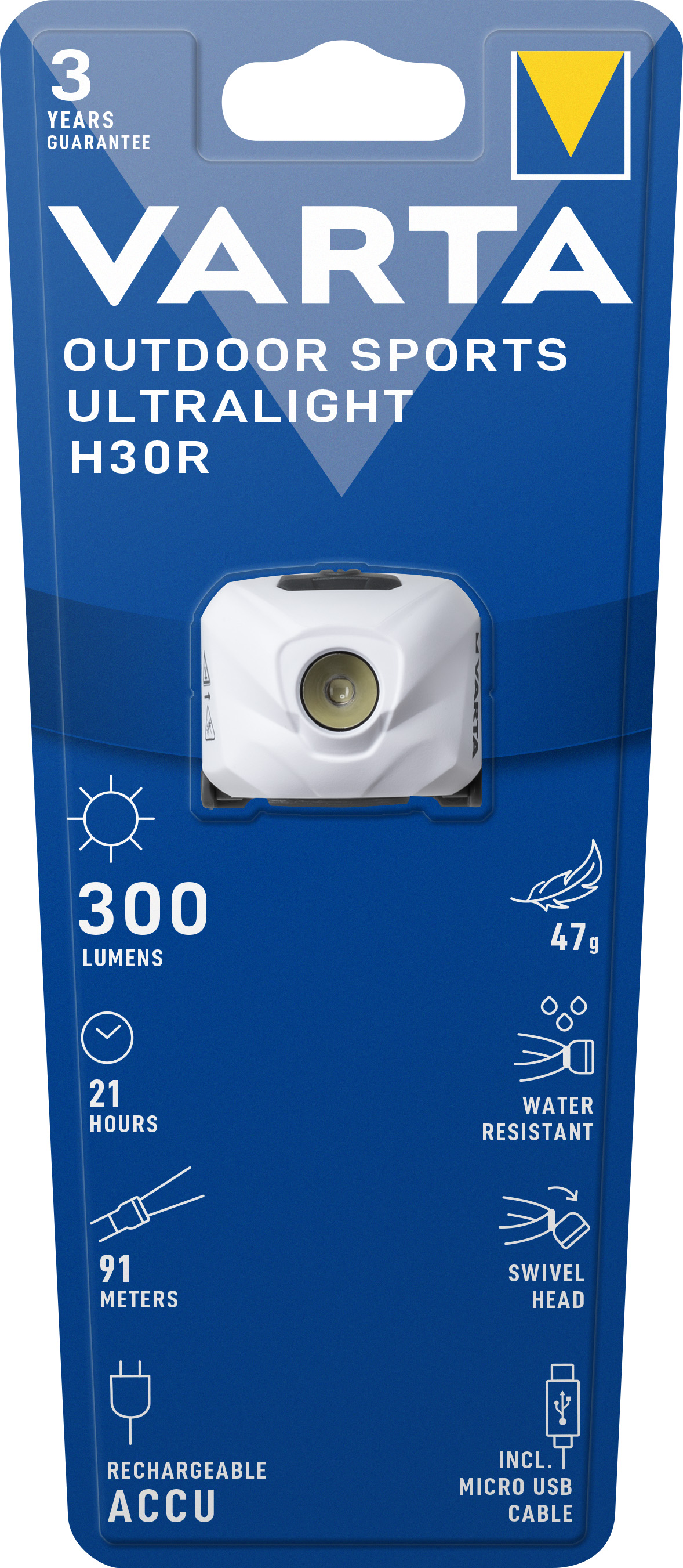 Varta LED Taschenlampe Outdoor Ultralight, H30R weiss 300lm, inkl. 1x Micro USB Kabel, Retail Blister