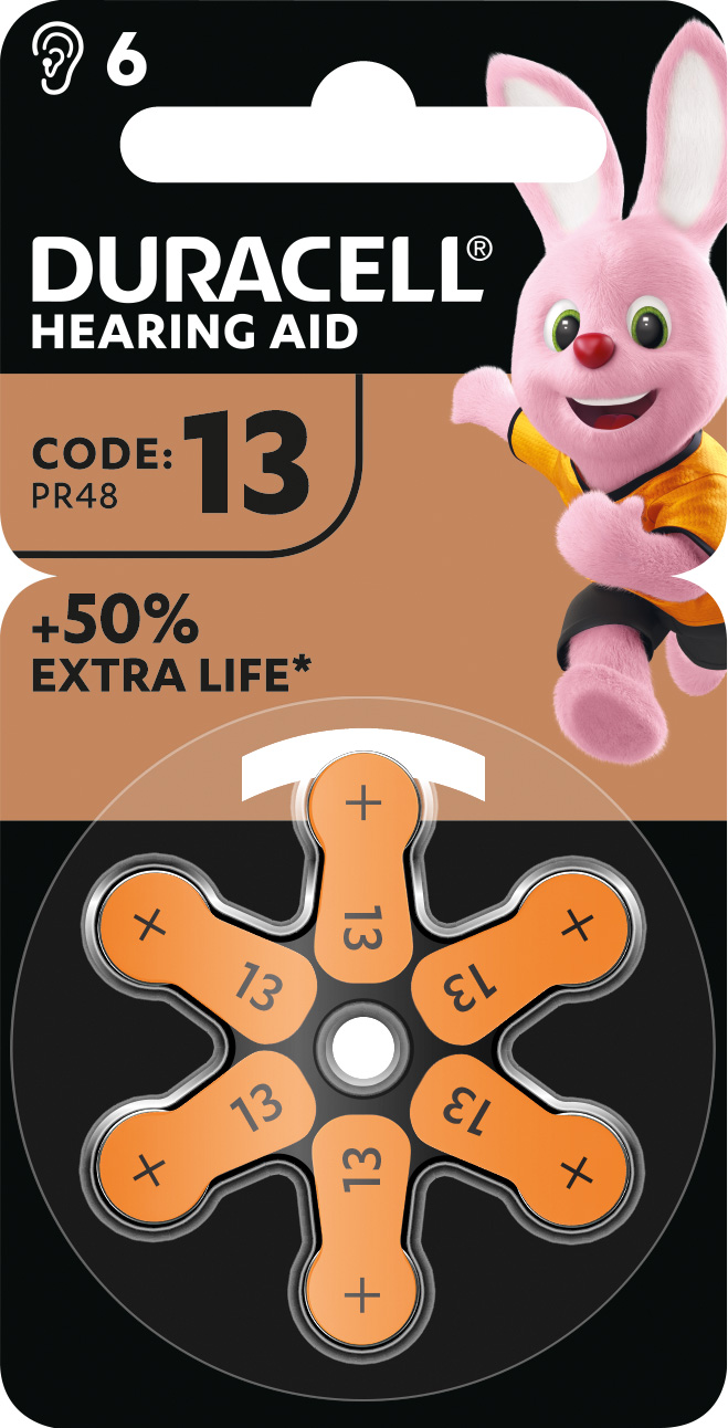 Duracell Batterie Zinc Air, 13, 1.4V Easy Tab, Retail Blister (6-Pack) Hörgerätebatterie