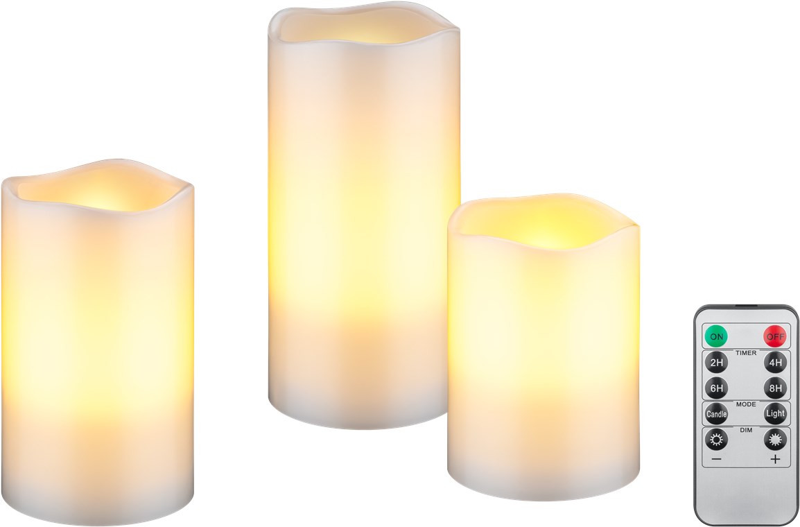Goobay 3er-Set LED-Echtwachskerzen, weiß - mit Timerfunktion und Fernbedienung, dimmbar, batteriebetrieben