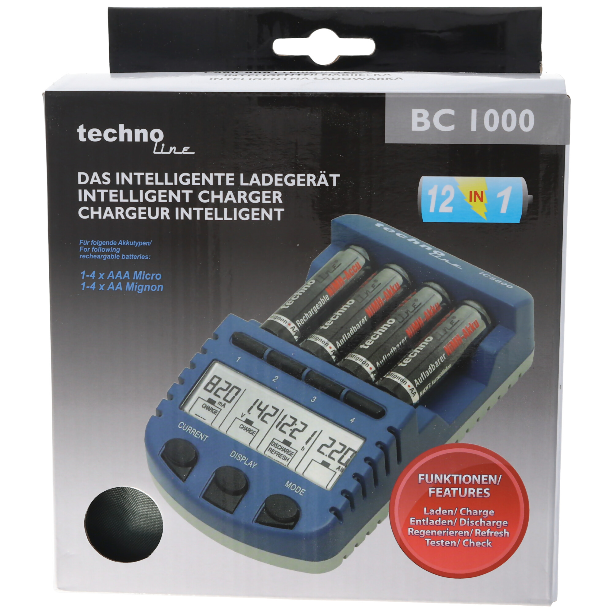 BC1000 Schnell-Ladegerät mit LCD-Display, Entladefunktion, Akku