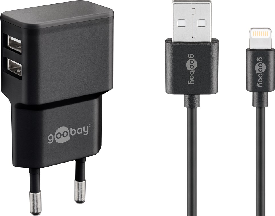 Goobay Apple Lightning Dual Ladeset 2,4 A - Netzteil mit 2x USB-Buchse und Apple Lightning-Kabel 1m (Schwarz)