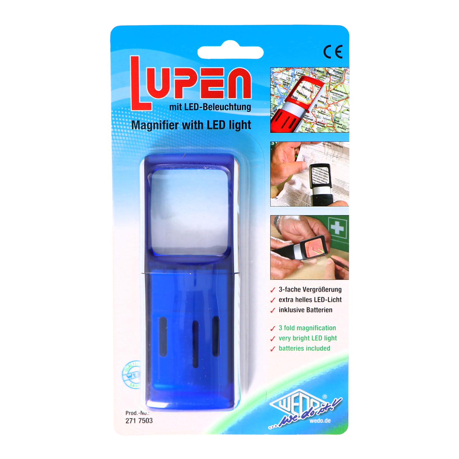 Lupe mit LED-Beleuchtung und 3fach Vergrösserung Farbe blau, in Blisterverpackung