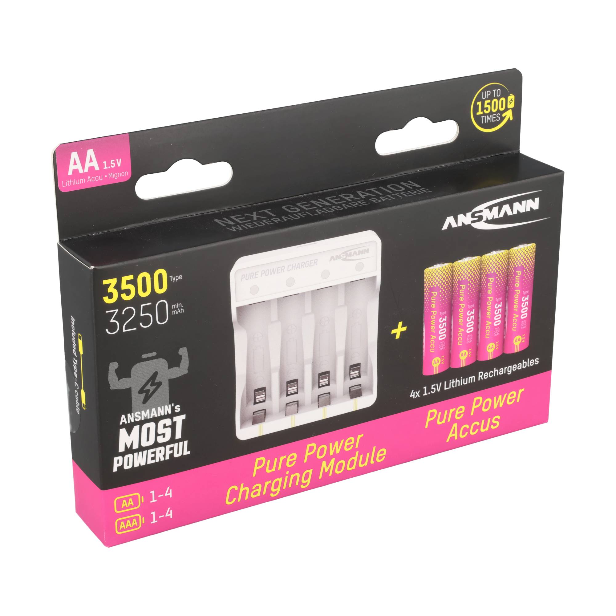 Ansmann Pure Power Set, Ladegerät inkl. 4x Mignon AA 1,5V Li-Ion Akkus, inkl. USB-C Ladekabel
