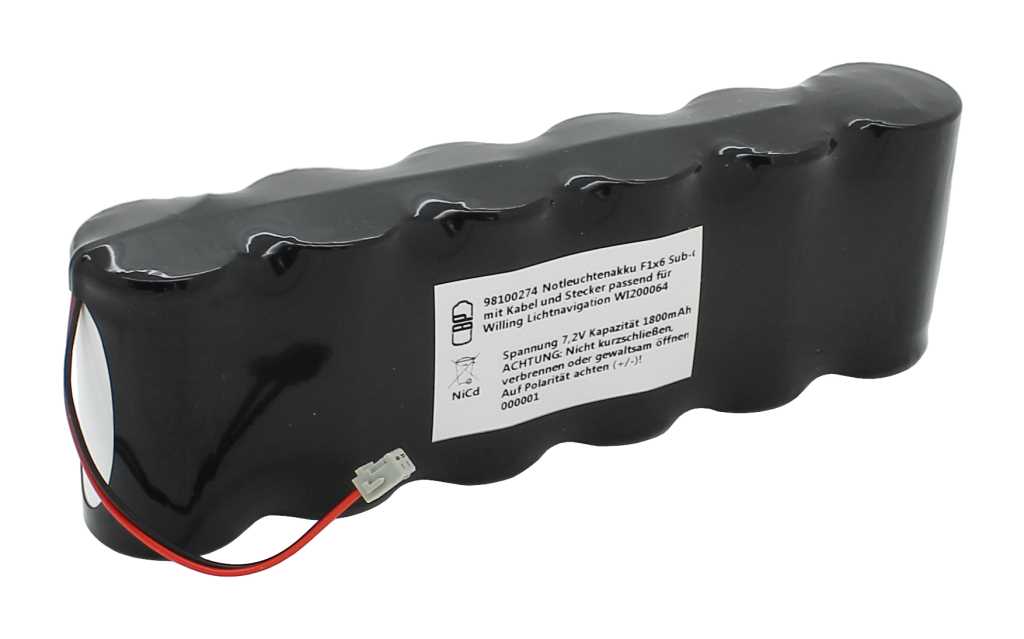 Notleuchtenakku NiMH 7,2V 1800mAh F1x6 Sub-C mit Kabel und Stecker passend für Willing Lichtnavigation WI200064