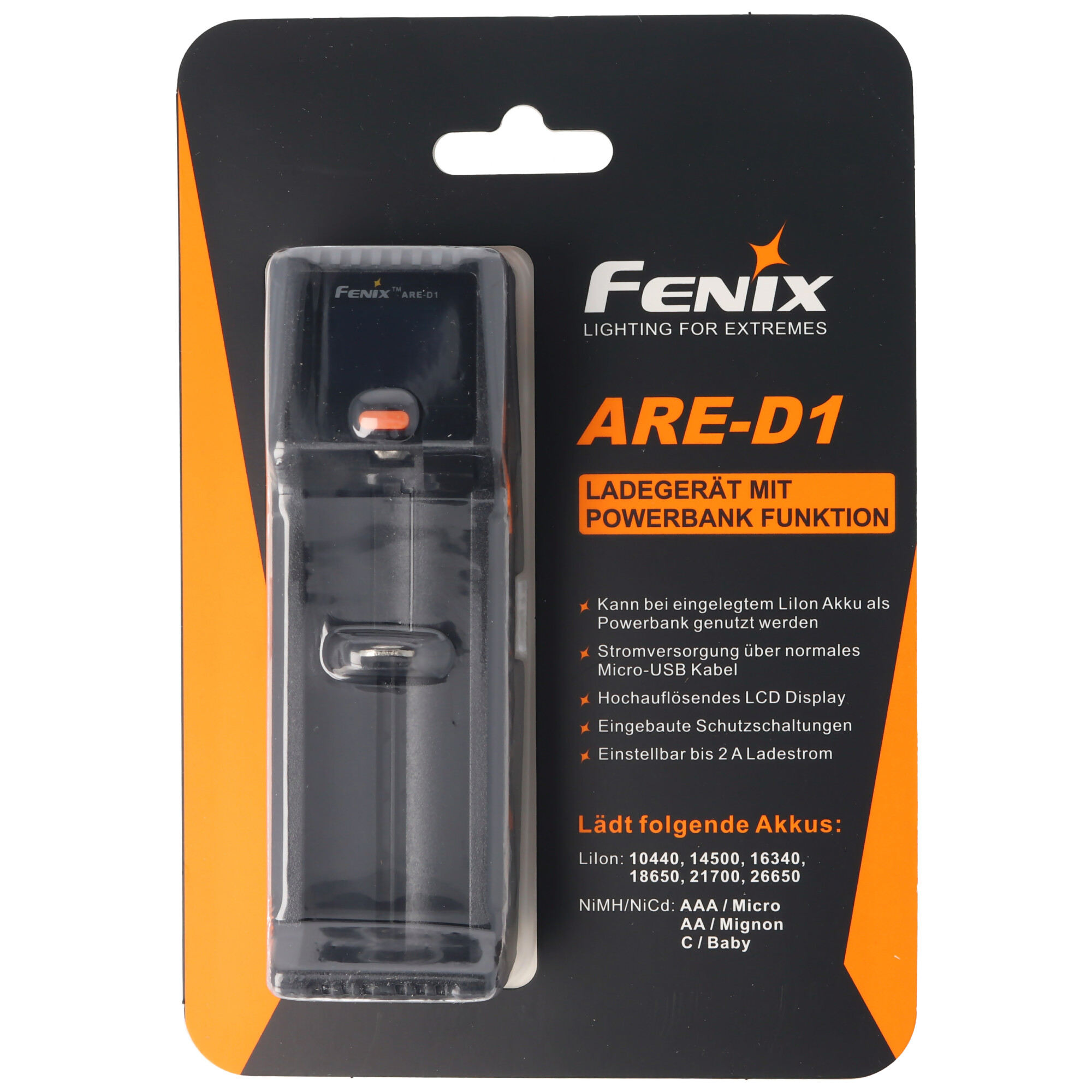 Fenix ARE-D1 Einschacht-Ladegerät passend für 21700, 18650, 26650, 16340, 14500, 10440 Li-Ion, NiMH und NiCd Akkus