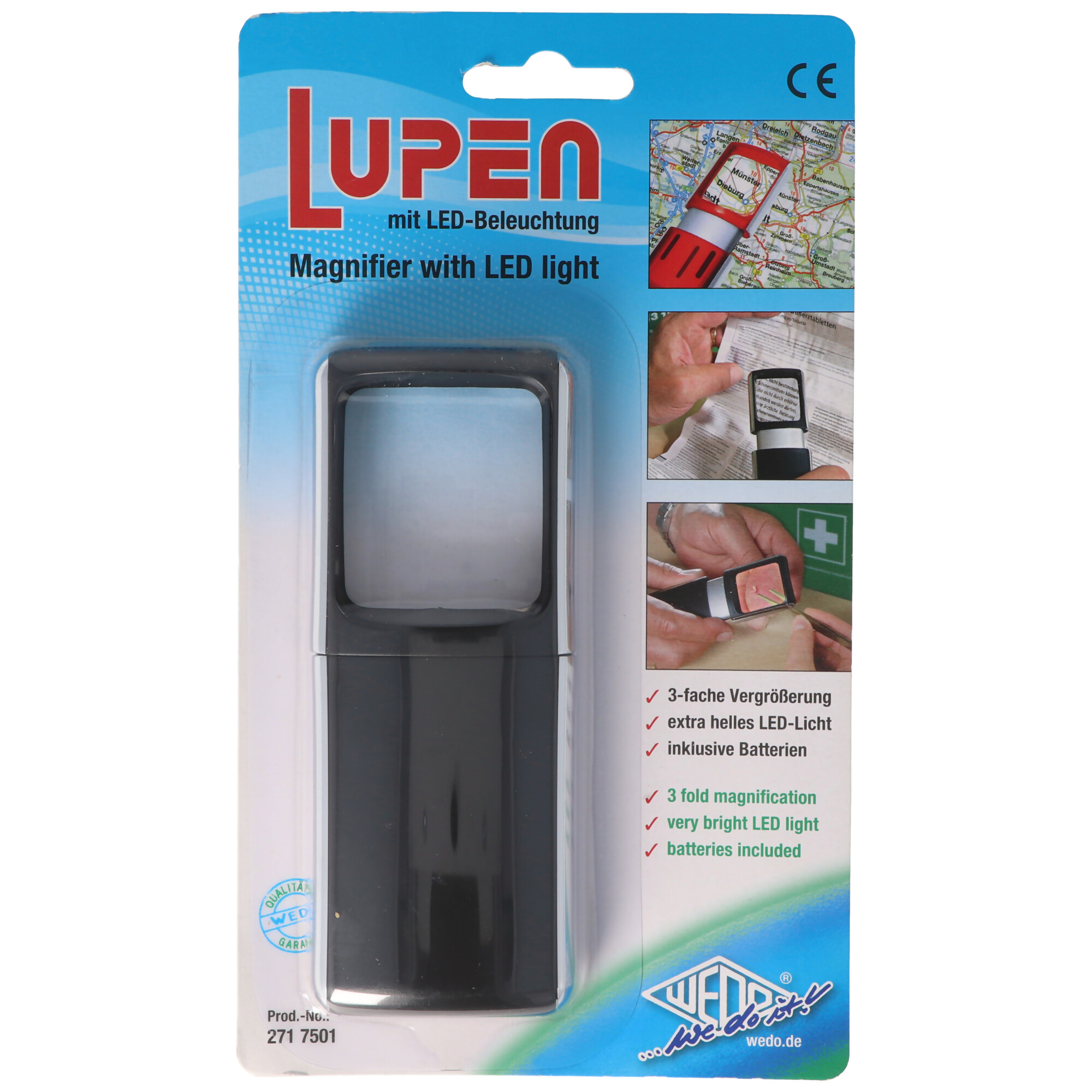 Lupe mit LED-Beleuchtung und 3fach Vergrösserung Farbe Schwarz Blisterverpackung