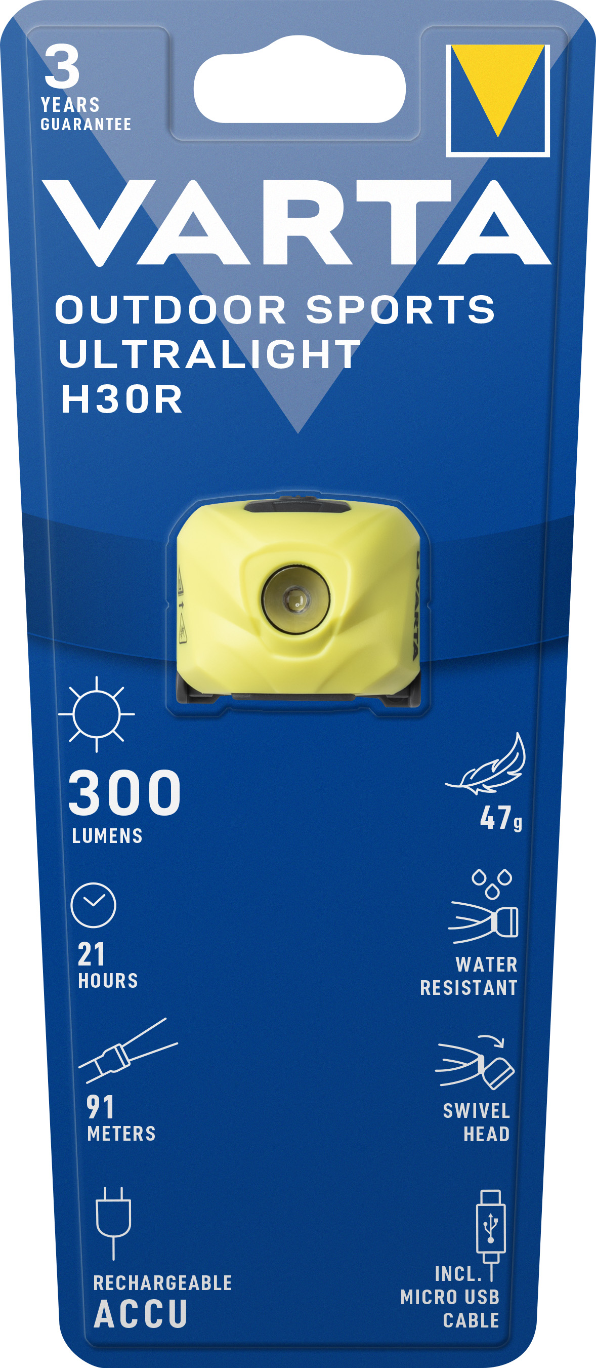 Varta LED Taschenlampe Outdoor Ultralight, H30R lime 300lm, inkl. 1x Micro USB Kabel, Retail Blister