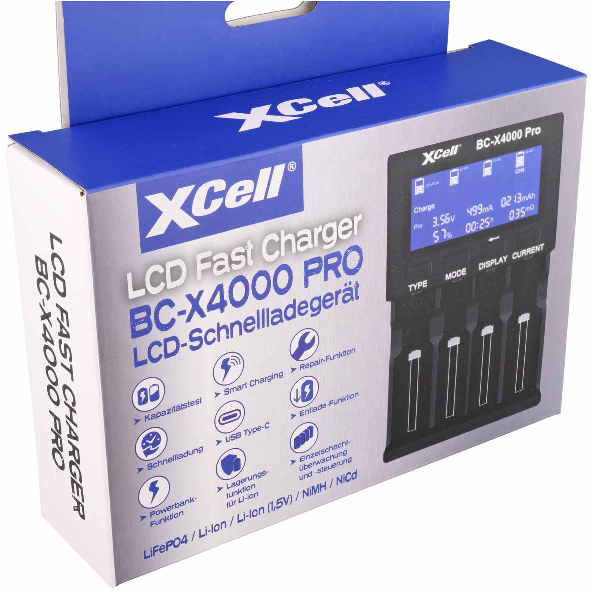 Schnellladegerät X4000 PRO mit LCD-Display - ideal für 1-4 NiMH. Li-ion 1.5V, Li-ion und LiFePo4