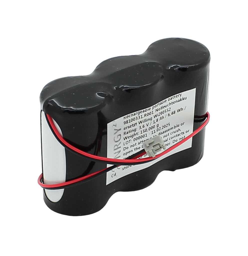 Notleuchtenakku NiMH 3,6V 1800mAh F1x3 Sub-C mit 200mm Kabel und Stecker ersetzt Willing Wi200552