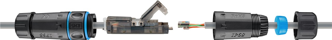 Goobay Outdoor (IP68) Netzwerkkabel-Verbinder, CAT 6A UTP ungeschirmt - staub- und wasserdicht, Klemmleiste für LSA Montage (werkzeugfrei)