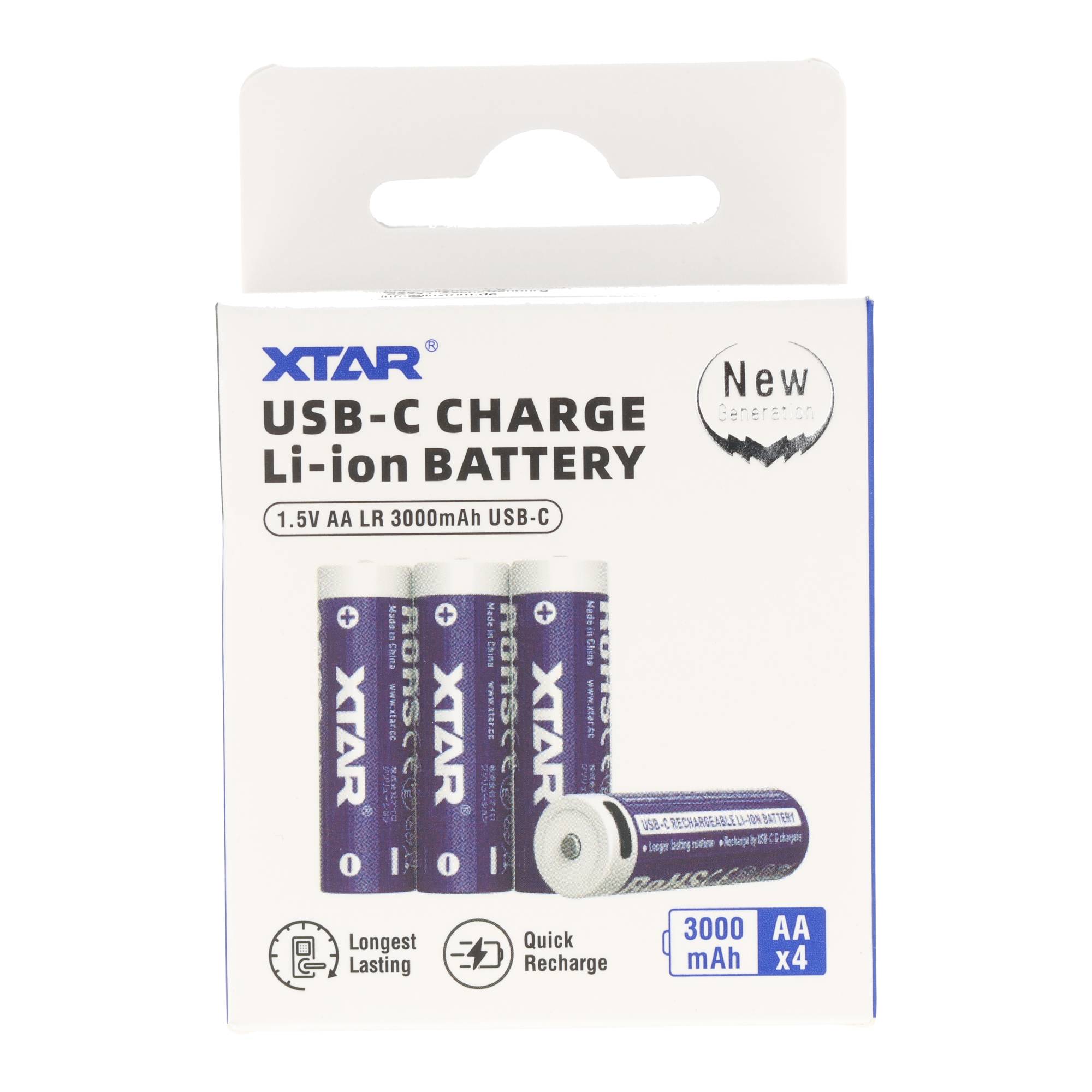 XTAR, 4x  AA 1,5V Li-Ionen Akku 3000mAh – USB-C – mit gleichmäßig sinkender Spannung, mit integrierter Ladeelektronik, innovativ und zuverlässig