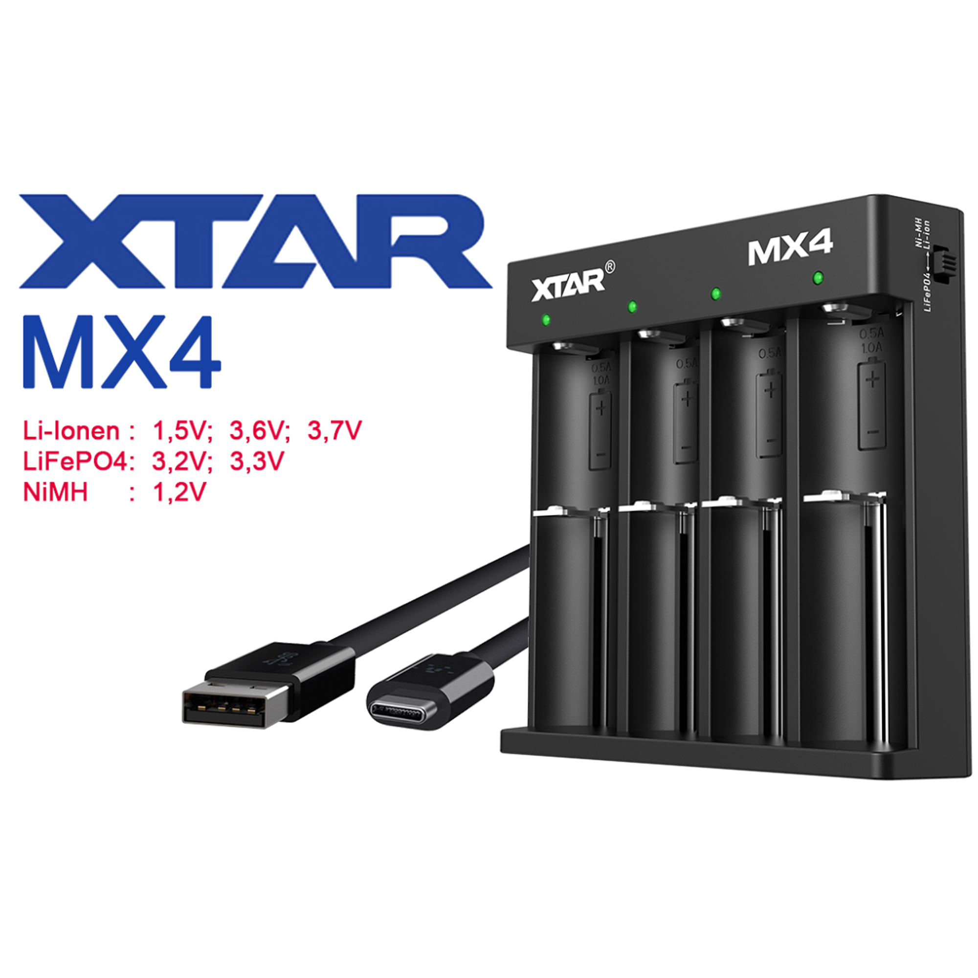 XTAR MX4 Ladegerät für 1.5V, 3.6/3.7V Li-ion Akku,  3.2V LiFePO4 und 1.2V NiMH Akku