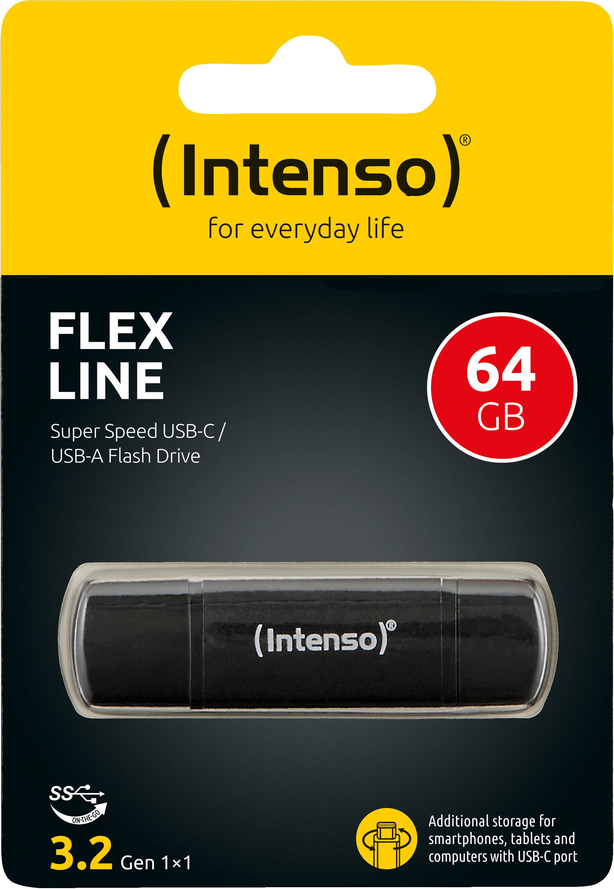 Intenso USB 3.2 Stick 64GB, Flex Line, schwarz Typ-A/Typ-C, (R) 70MB/s, Retail-Blister