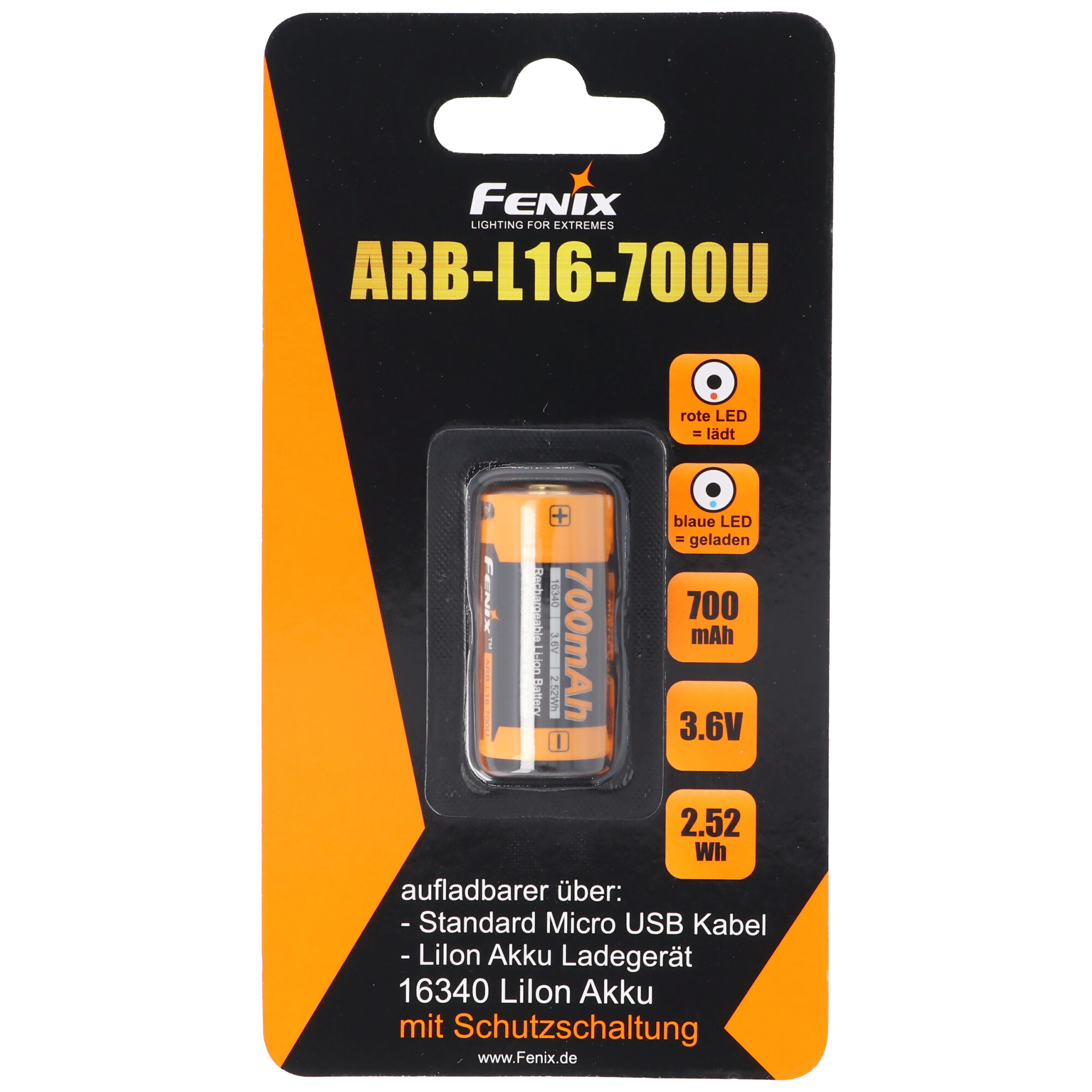CR123 A Li-Ion Akku mit integrierter USB-Ladefunktion 3,6 Volt mit 700mAh und AccuCell Akkubox (kein extra Ladegerät notwendig)