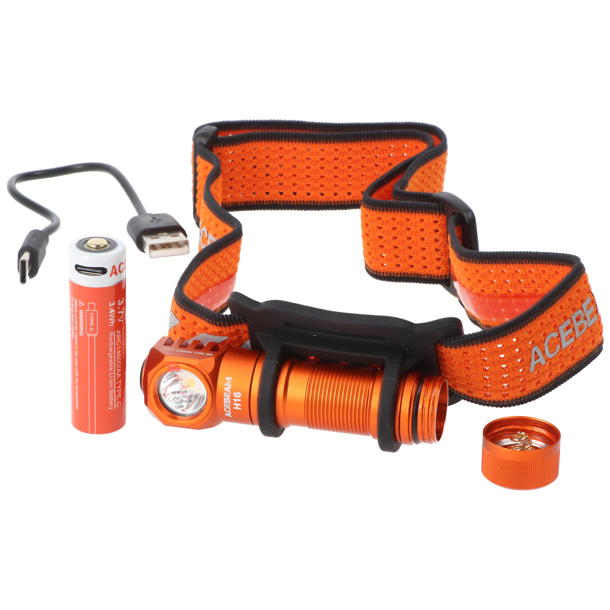 AceBeam H16 LED Stirnlampe mit max. 650 Lumen, 5.000K neutralweiß mit orangenem Gehäuse, inklusive 14500 Li-Ion Akku