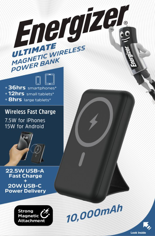Energizer Akku Powerbank, 10.000mAh, QM10002PQ, schwarz Ultimate, Magnetic, Wireless, 1x USB-A/-C PD, Retail