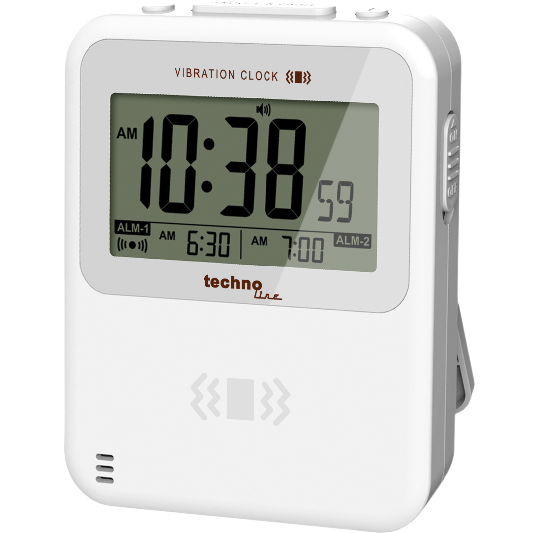 WT350 - Quarzwecker mit Stoppuhr und Timer mit Hintergrundbeleuchtung, Alarmton oder Vibration, Für Wand oder Tisch