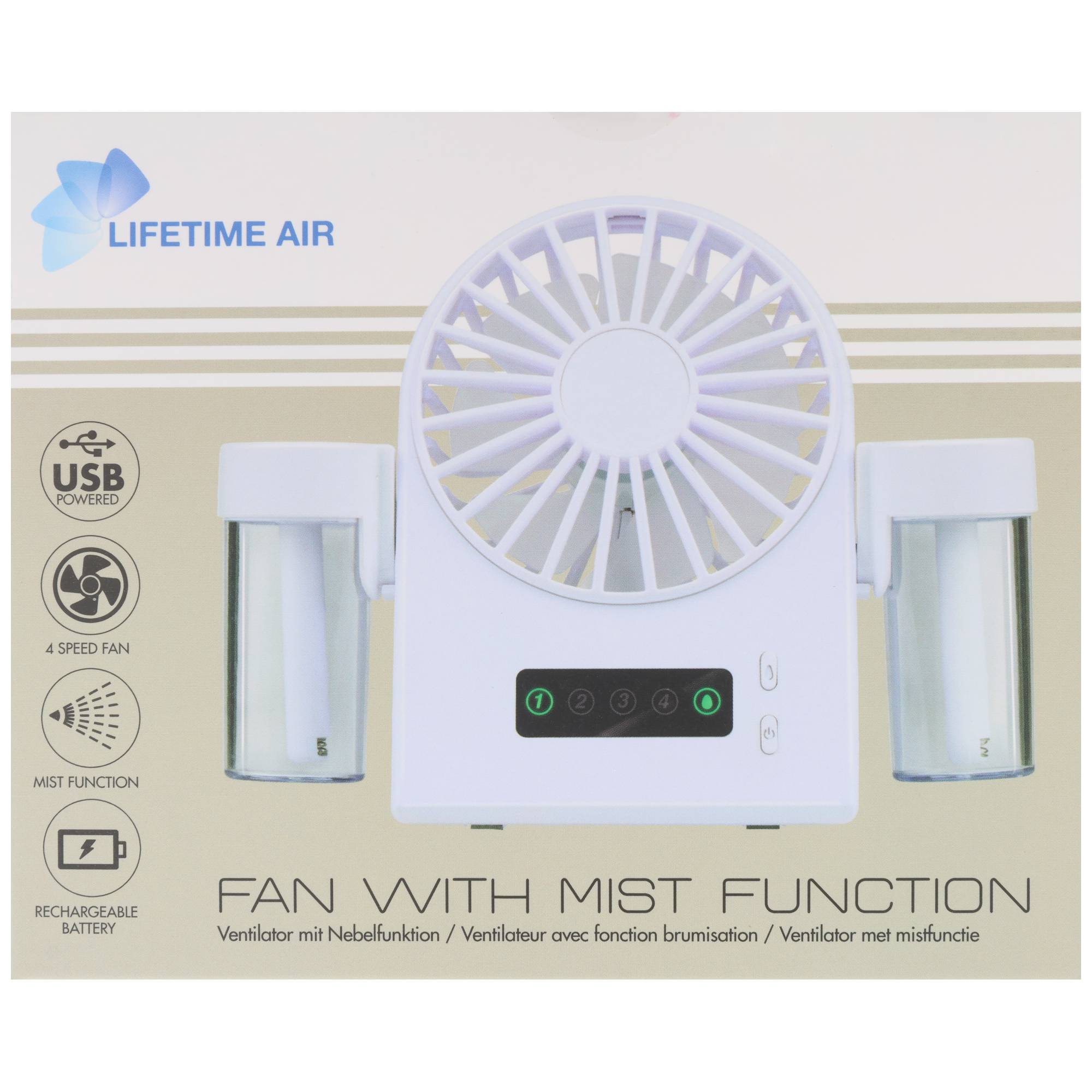 Lifetime Air Ventilator mit Nebelfunktion – USB-C Tischventilator mit 4 Geschwindigkeitsstufen