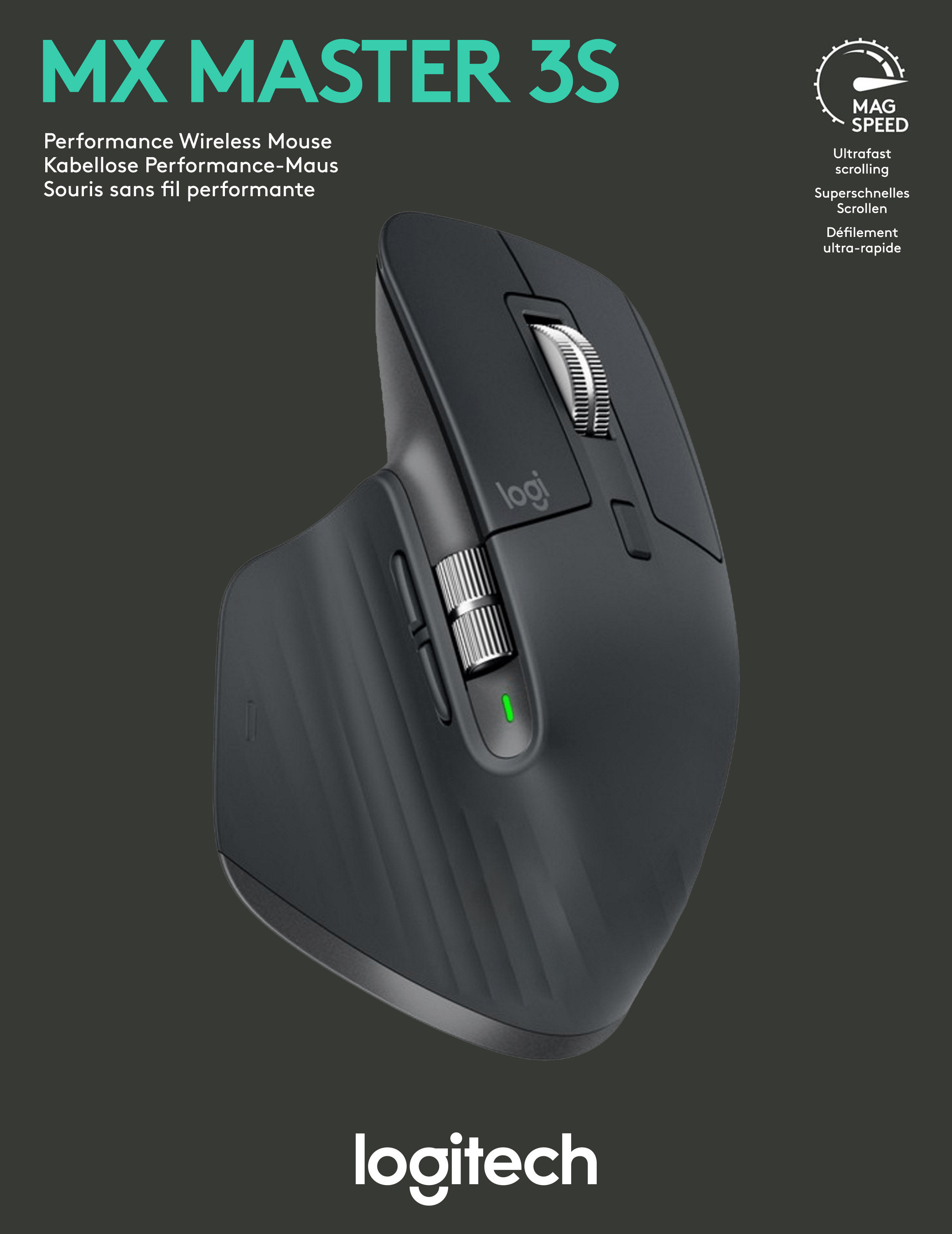 Logitech Maus MX Master 3S, Wireless, Bolt, Bluetooth, grafit Laser, Darkfield, 200-8000 dpi, 7 Tasten, Akku, Retail