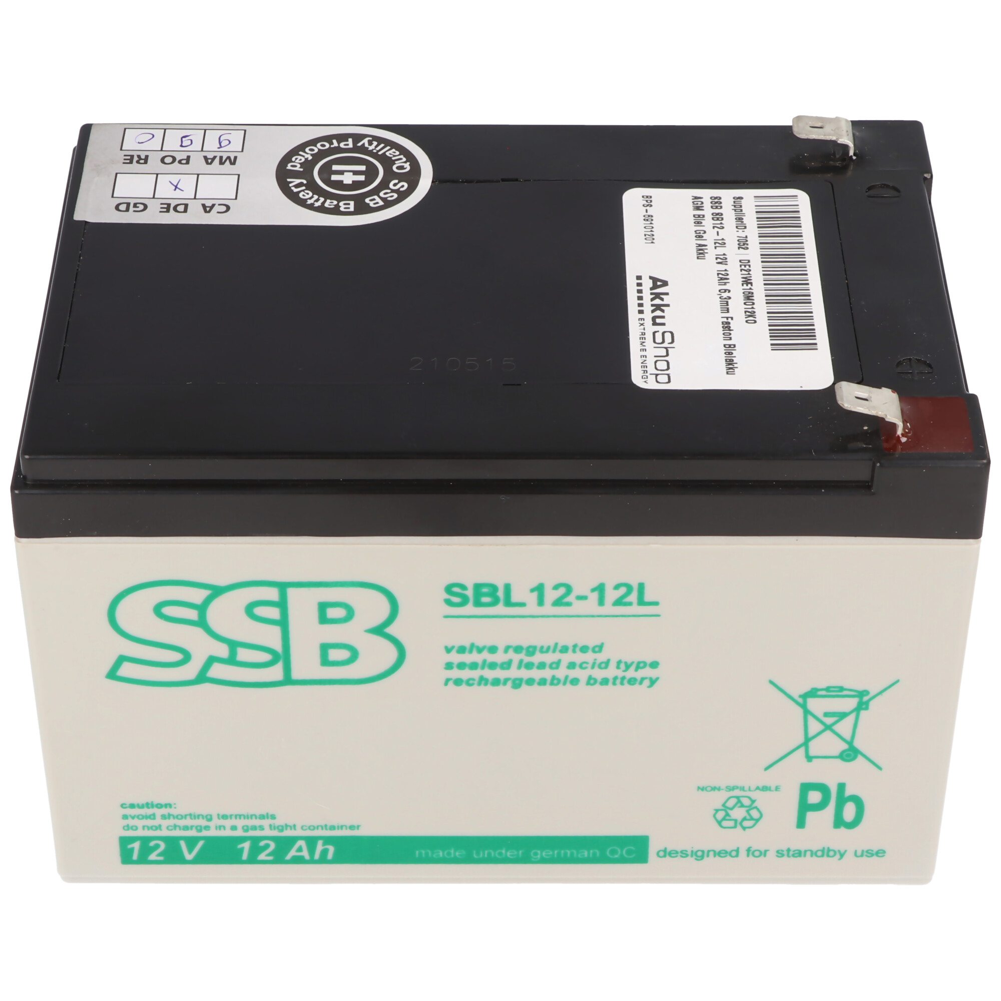 SSB SB12-12L 12V 12Ah 6,3mm Faston Bleiakku AGM Blei Gel Akku