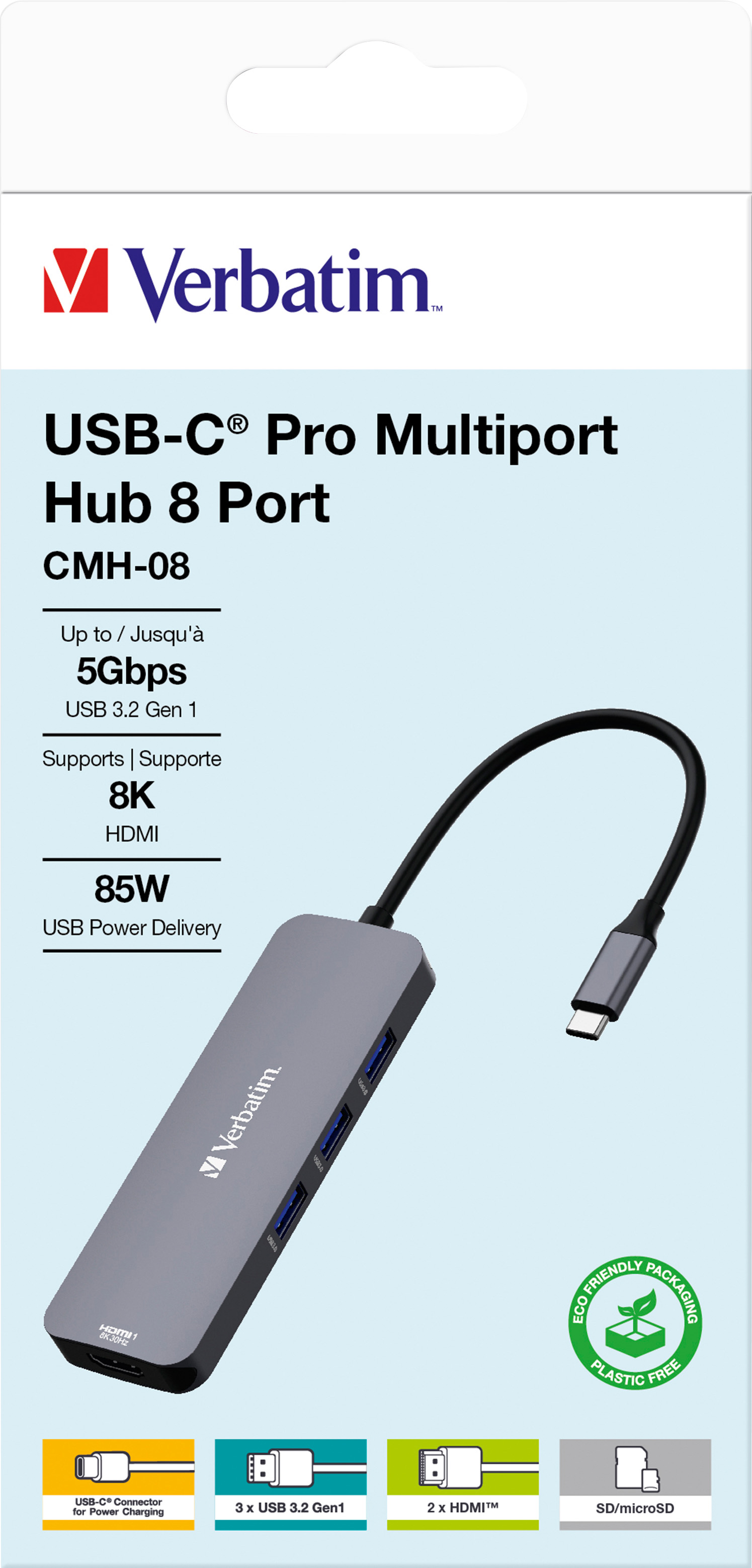 Verbatim Hub, Multiport, CMH-08, 3x USB 3.2-A, USB 3.2-C 2x HDMI 4K, SD, microSD, USB 3.1-C Kabel, Retail