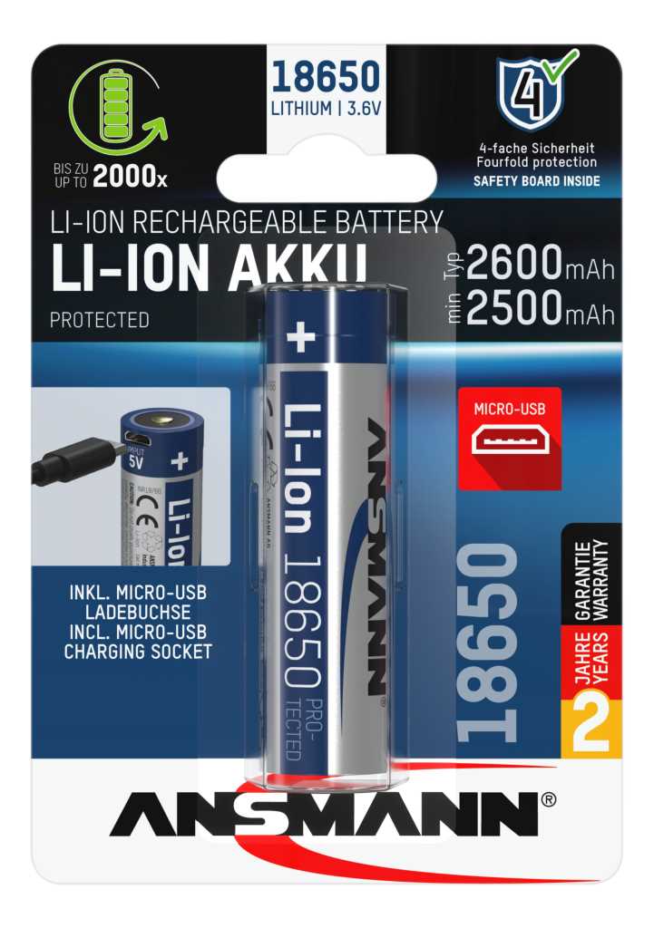 Ansmann Li-Ion 18650 3,6V 2600mAh mit Micro-USB Ladebuchse mit Schutzbeschaltung