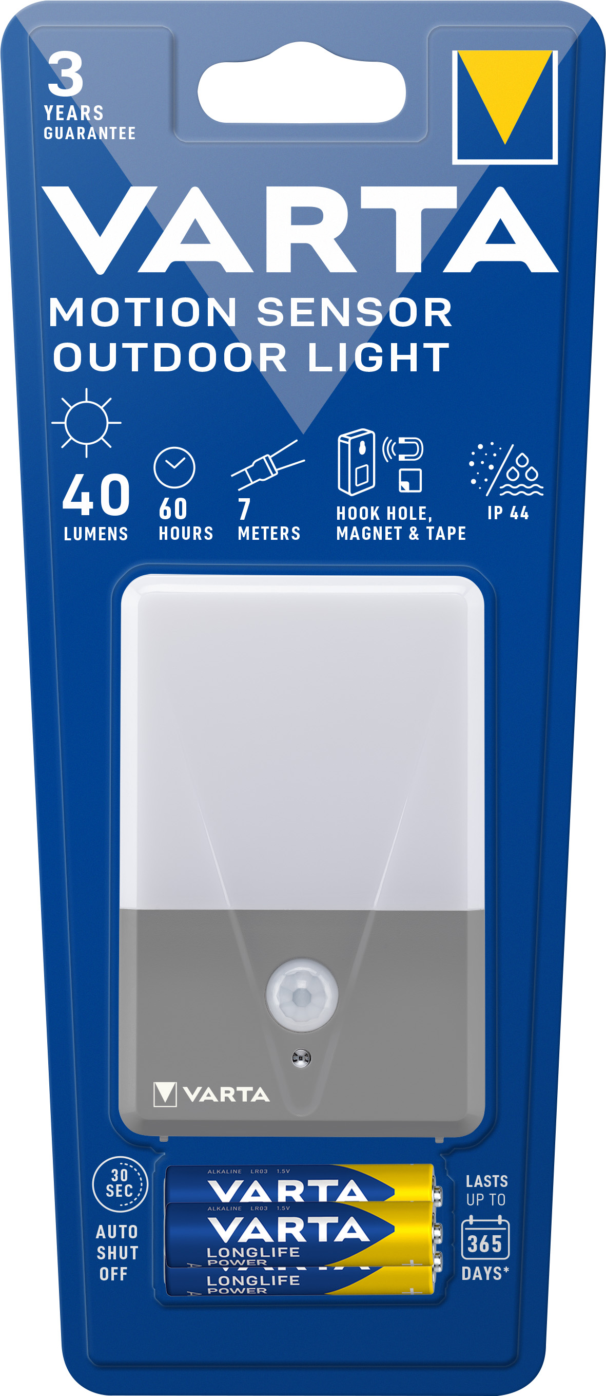 Varta LED Taschenlampe Motion Sensor, Outdoor Light 40lm, inkl. 3x Batterie Alkaline AAA, Retail Blister