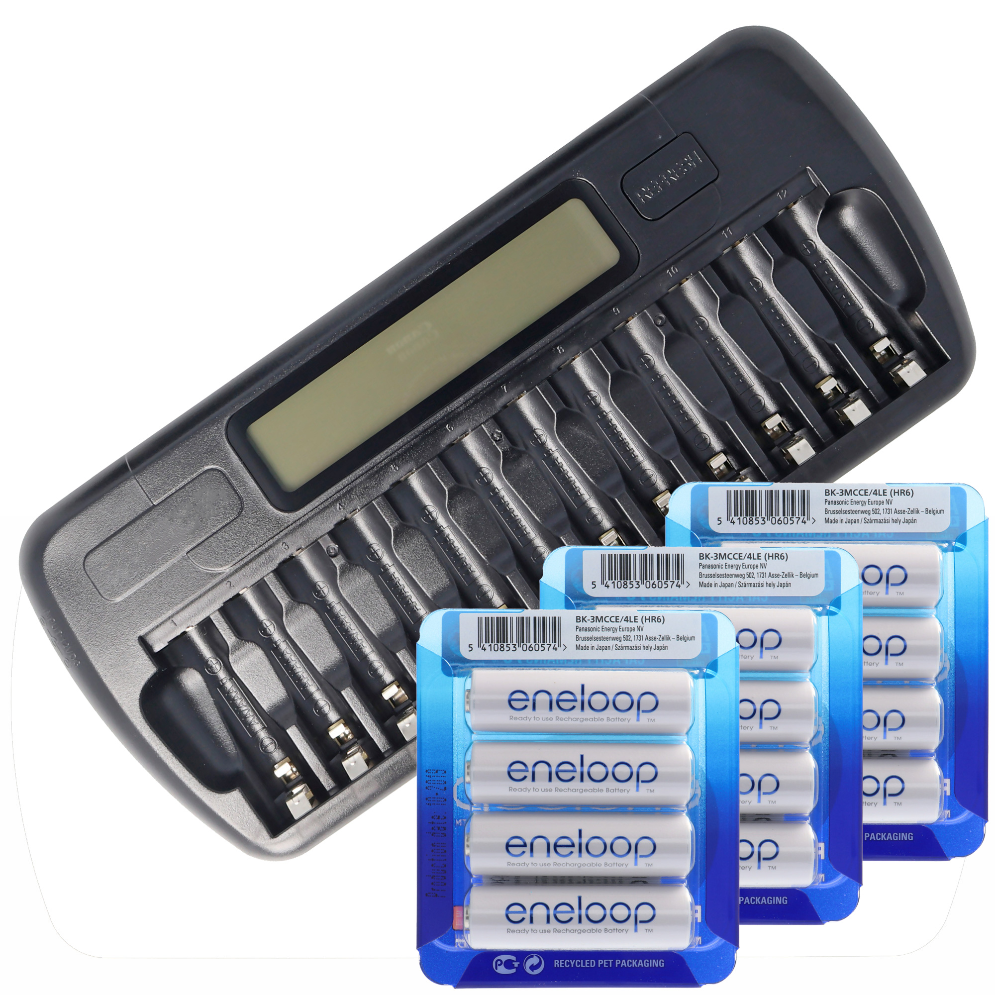Panasonic eneloop Standard HR-3UTGA 12 Stück AA Mignon Akkus, LCD-Ladegerät mit Display für 1-12 AA