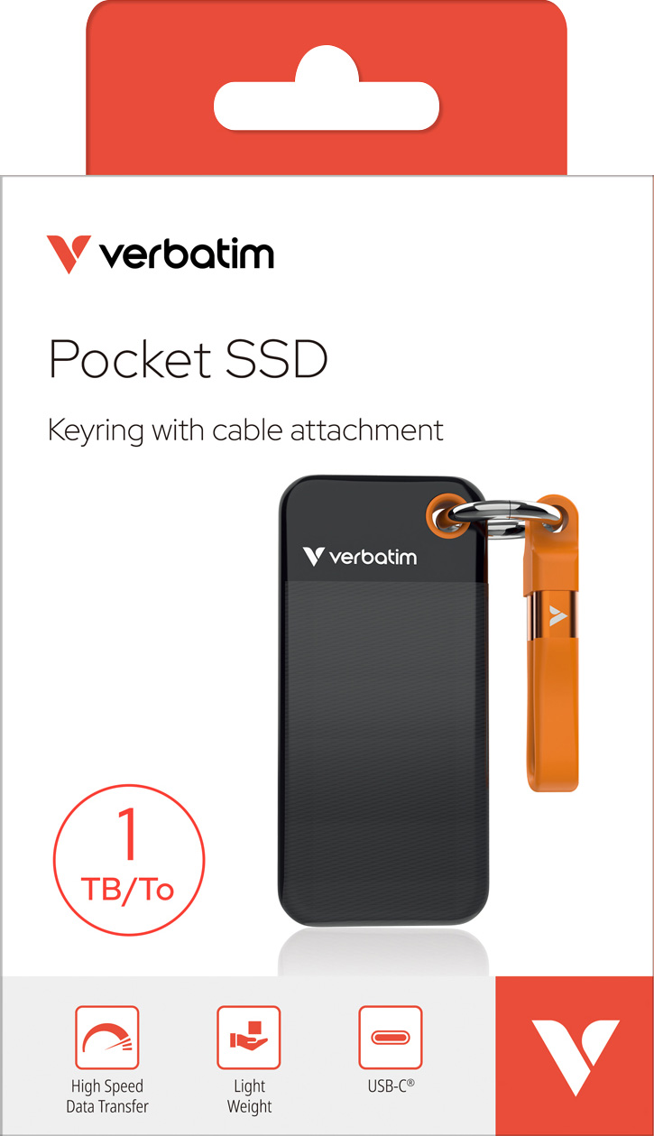 Verbatim SSD 1TB, USB 3.2, Typ-C, Pocket, schwarz-orange (R) 1000MB/s, (W) 1000MB/s, Keyring, Retail-Blister