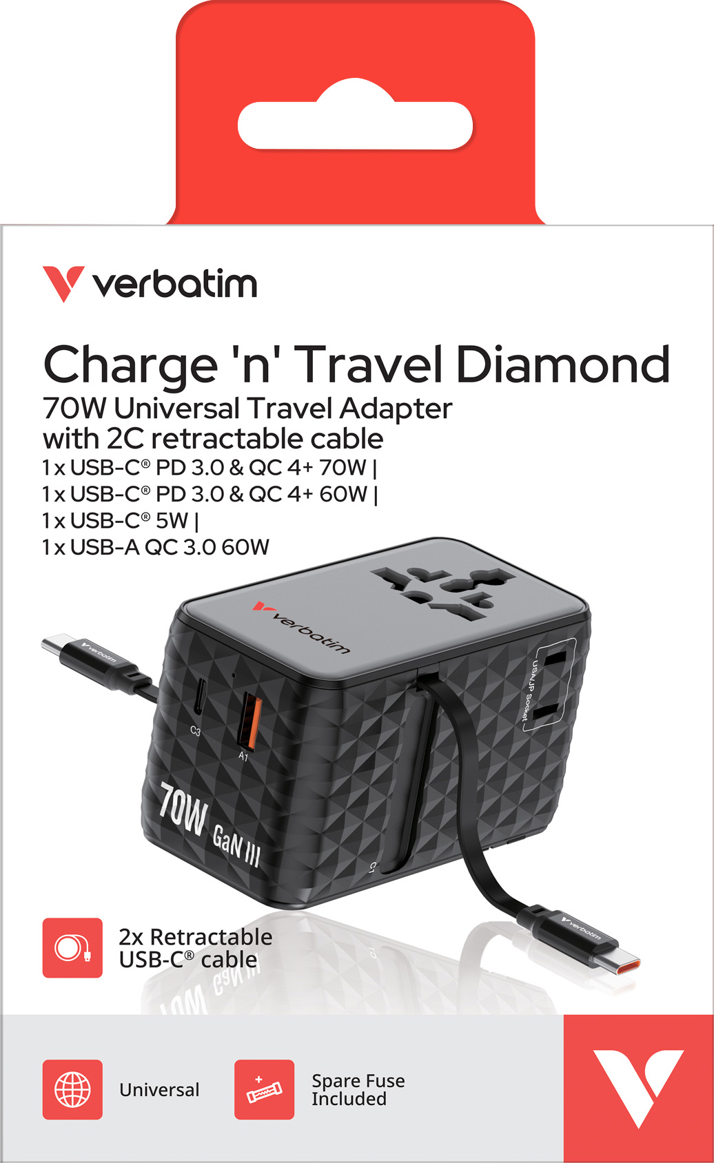 Verbatim Ladeadapter, Charge'n'Travel, GaN III, 70W, 2x USB-C Kabel integriert 1x USB-A QC, 3x USB-C PD, 100-250 V, Retail