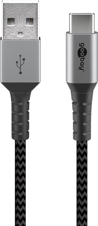 USB-C auf USB-A Textilkabel mit Metallsteckern, extra-robustes Verbindungskabel für Geräte mit USB-C Anschluss, optimierter Knickschutz