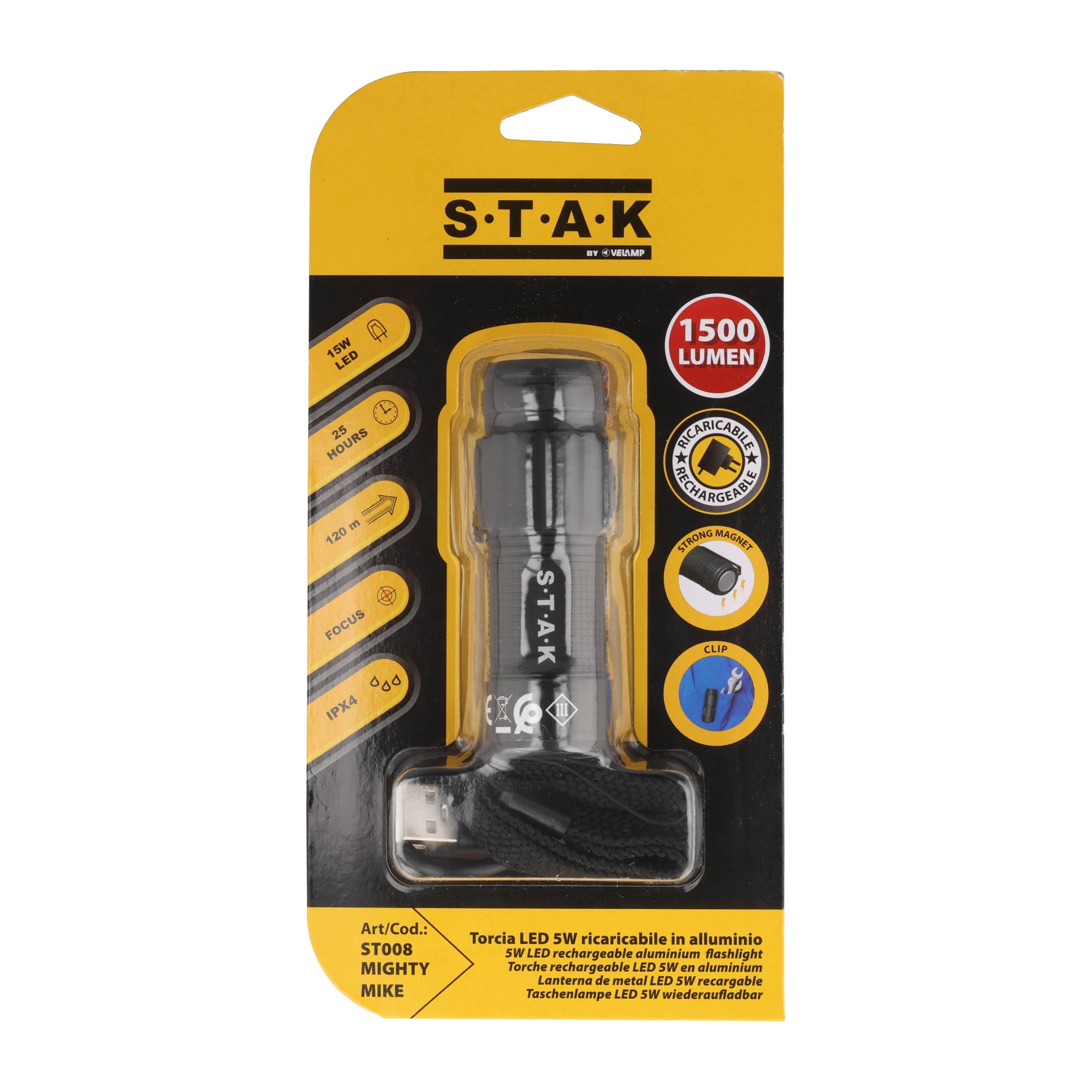 MIGHTY MIKE Wiederaufladbare LED-Taschenlampe – 1.500 Lumen, 15 W, IPX4, ultrakompakt