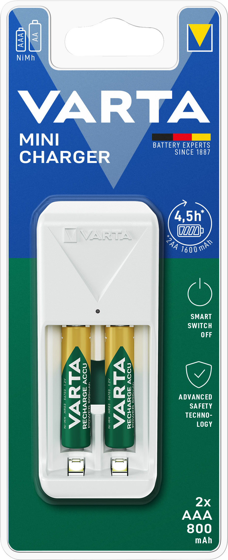 Varta Akku NiMH, Universal Ladegerät, Mini Charger inkl. Akkus, 2x Micro, AAA, 800mAh, Retail