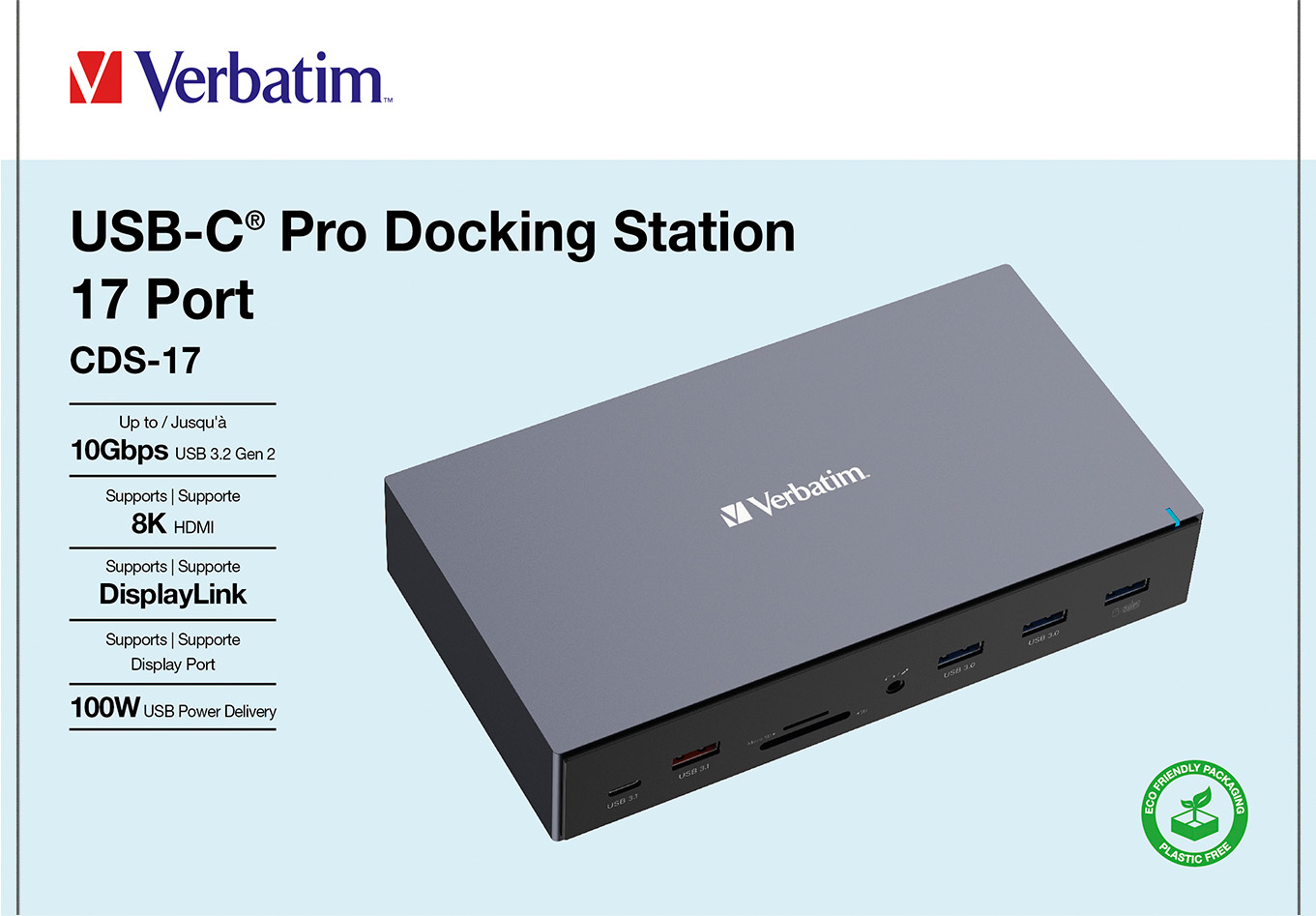 Verbatim Docking Station, USB-C Pro, CDS-17, 17-Port 5x USB 2.0/3.2-A, 1x USB 3.2-C, 3x HDMI, 2x DP, RJ45, Audio, SD, microSD, Retail
