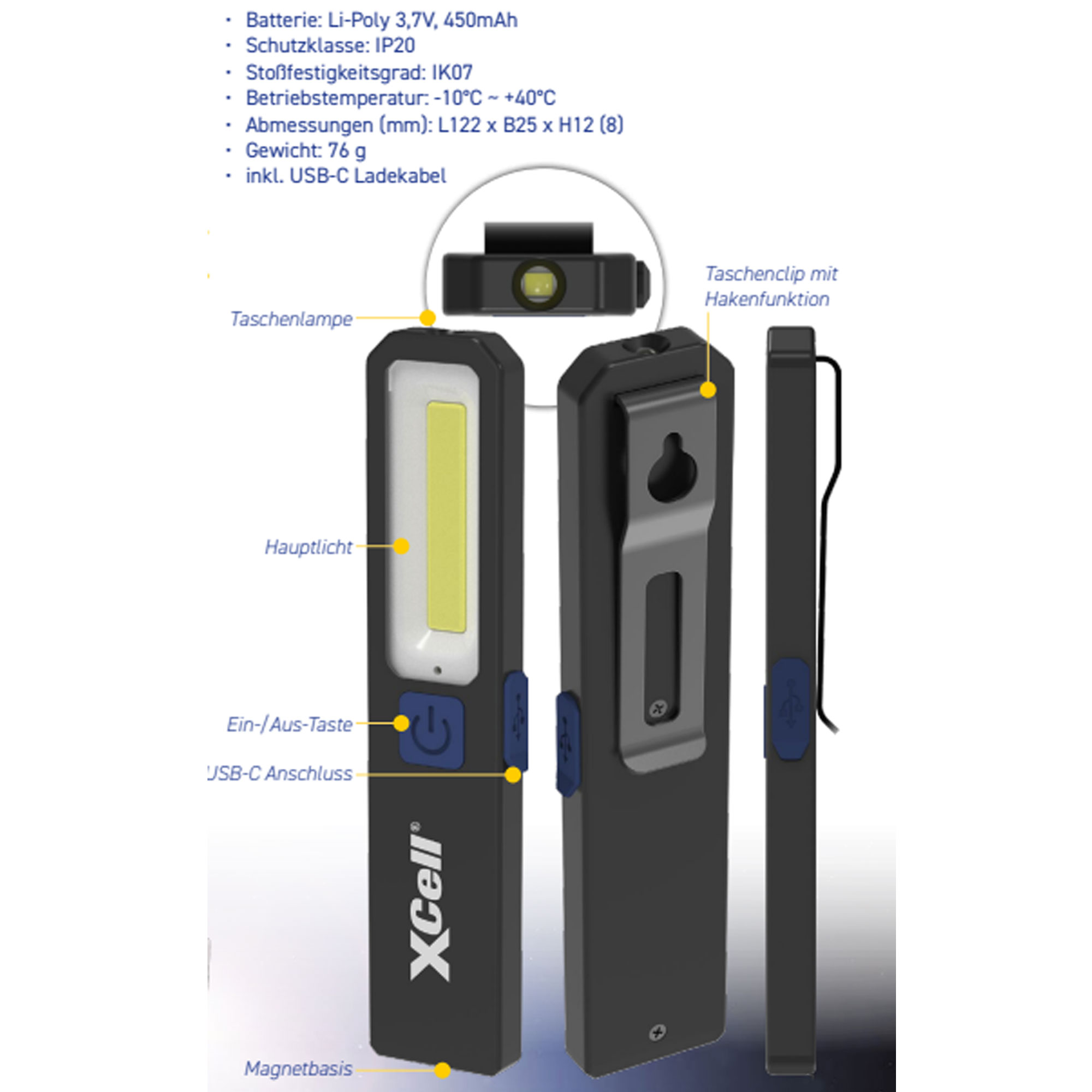 XCell Worklight SLIM, Arbeitsleuchte mit bis zu 200 Lumen, Magnet, 3 Leuchtstufen, USB-C-Ladeanschluss