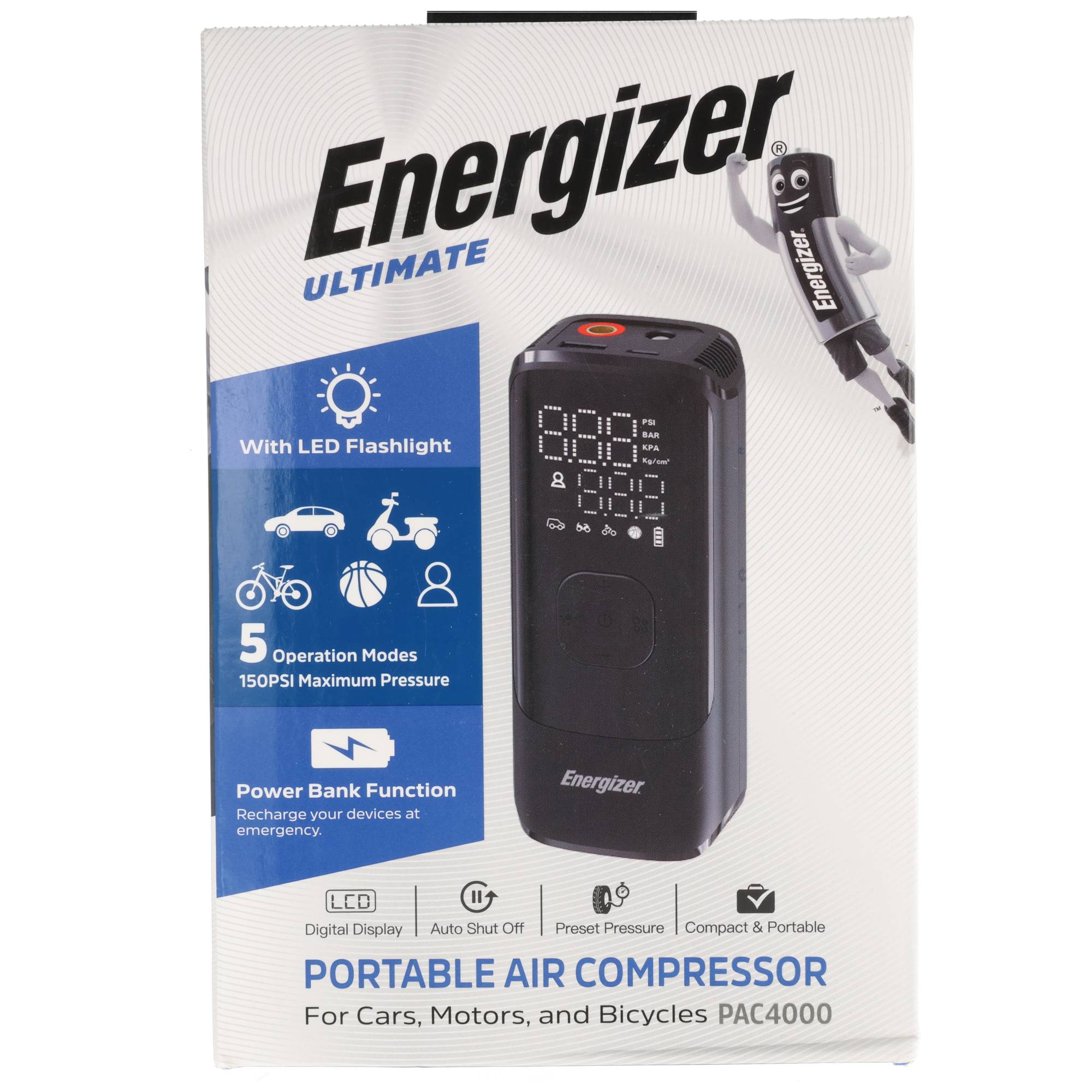 Energizer Akku Luftkompressor, PAC4000, 150 PSI, 2.000mAh Kompressor, Powerbank, LED-Leuchte, Retail