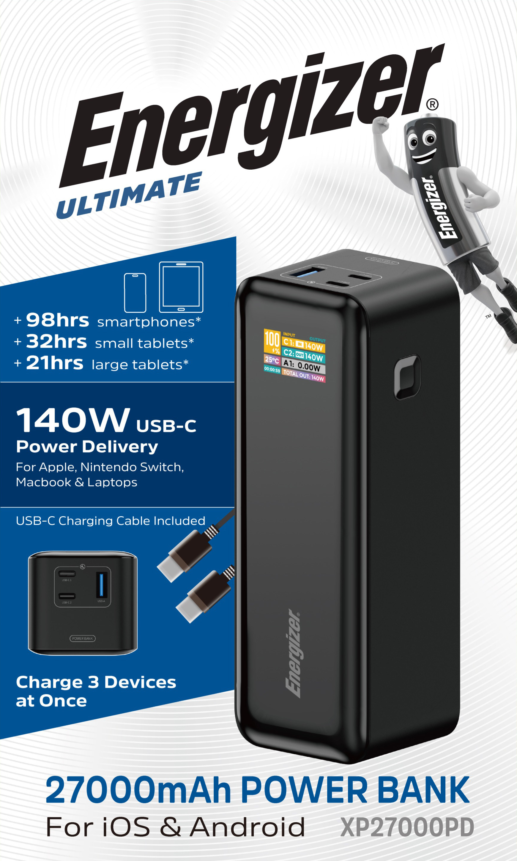 Energizer Akku Powerbank, 27.000mAh, XP27000PD, schwarz Ultimate, 1x USB-A/2x USB-C PD, 140W, Retail