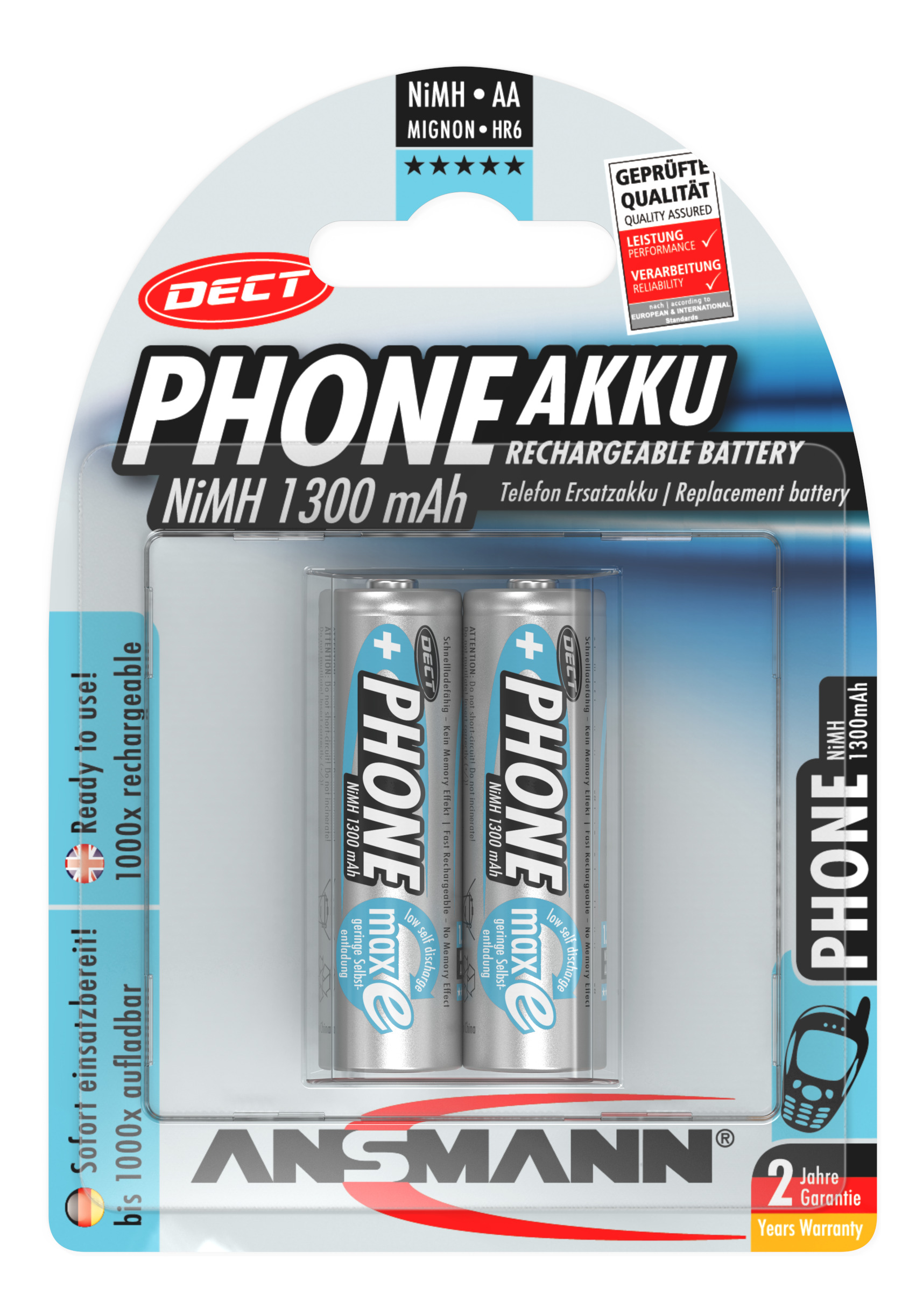 Ansmann NiMH-Akku Mignon 1300mAh DECT 2er Blister