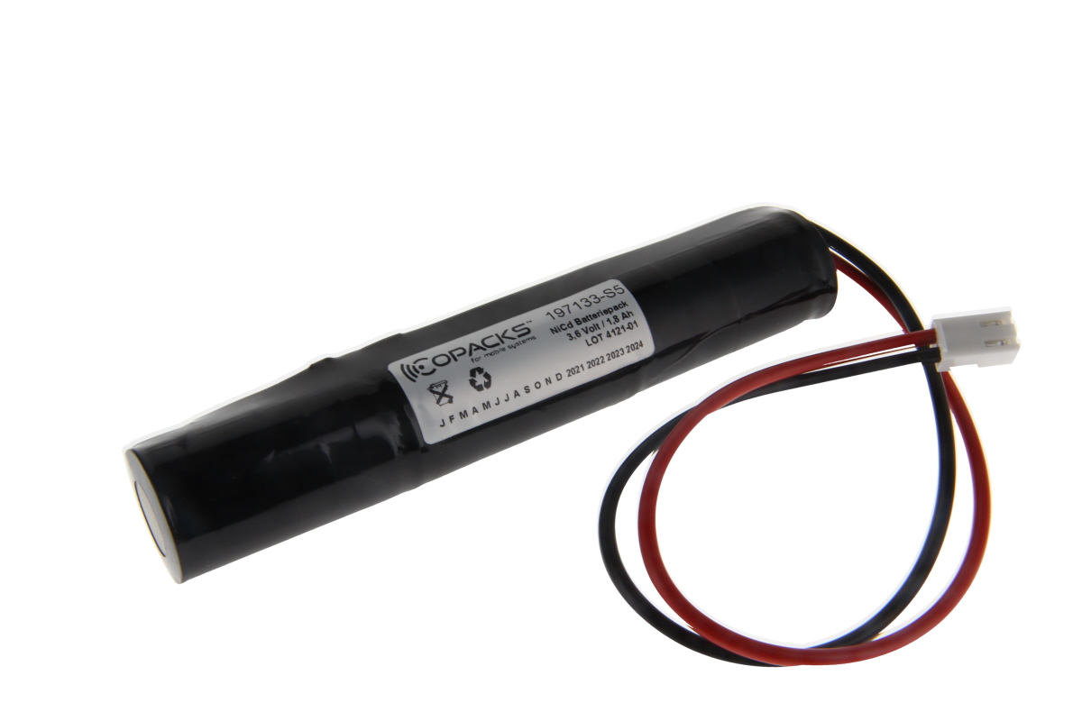 3,6 Volt Akku für Not- und Sicherheitsbeleuchtung mit 1800mAh, mit 25cm Kabelausgang und JST Stecker VHR-2N, Abmessungen 129x22mm