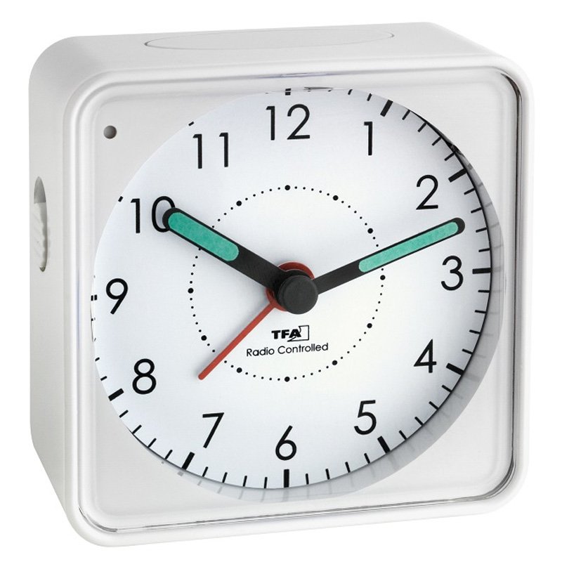 Funk-Wecker Analog mit leisem Uhrwerk, Snooze, weiß inklusive Batterie