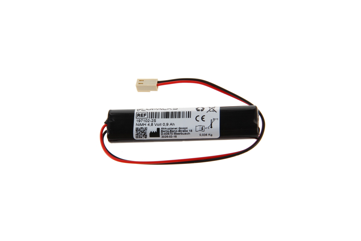 Notleuchtenakku NiMH 4,8V 900mAh, AAA, Doppel-Säule S2x2, mit Kabel und Stecker BKL 72630, Molex 2510, Maße 90 x 11 x 22mm
