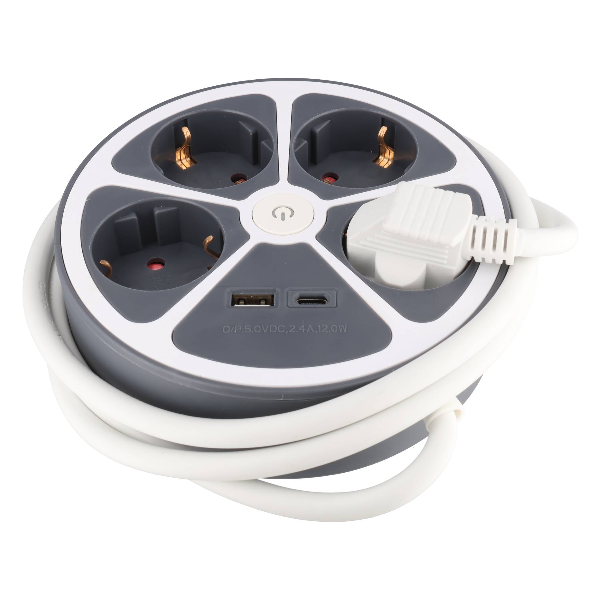 Tischsteckdose 4-fach mit USB-A und USB-C Ladeanschluss, runde Form, Kabellänge 1,4 Meter